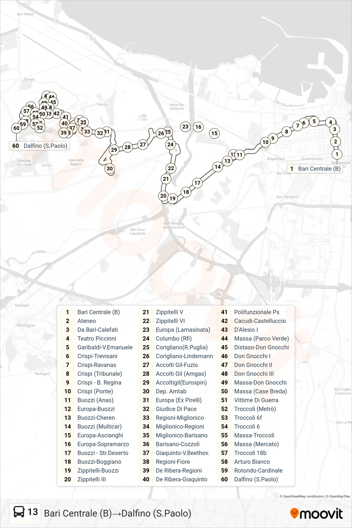 Linea 13 bus (Bari Centrale (B)→Dalfino (S.Paolo)) - Percorsi e fermate sulla mappa