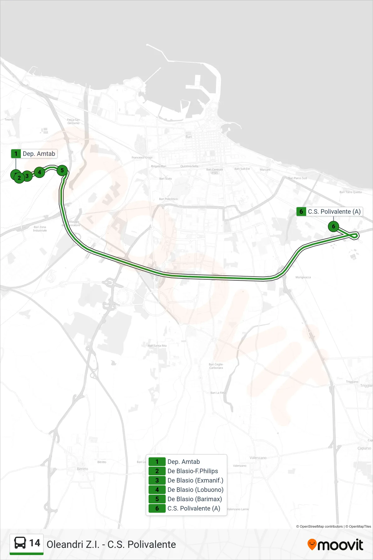 Linea 14 bus (Dep. Amtab→C.S. Polivalente (A)) - Percorsi e fermate sulla mappa
