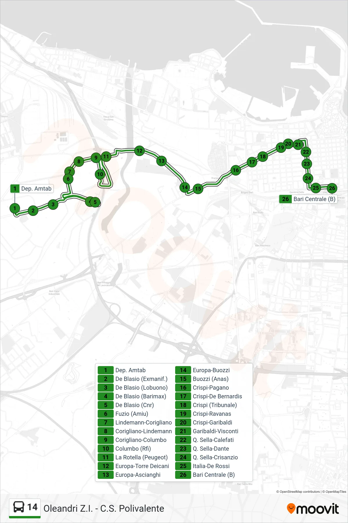 Linea 14  bus (Dep. Amtab‎→Bari Centrale (B)) - Percorsi e fermate sulla mappa