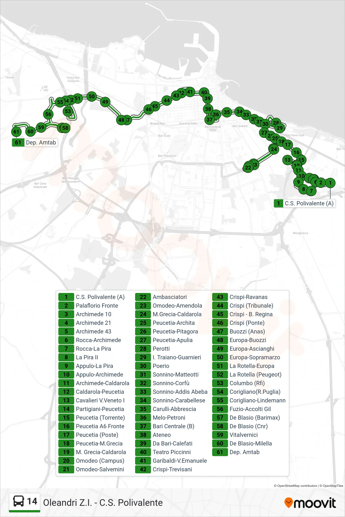 Linea 14 bus (C.S. Polivalente (A)→Dep. Amtab) - Percorsi e fermate sulla mappa