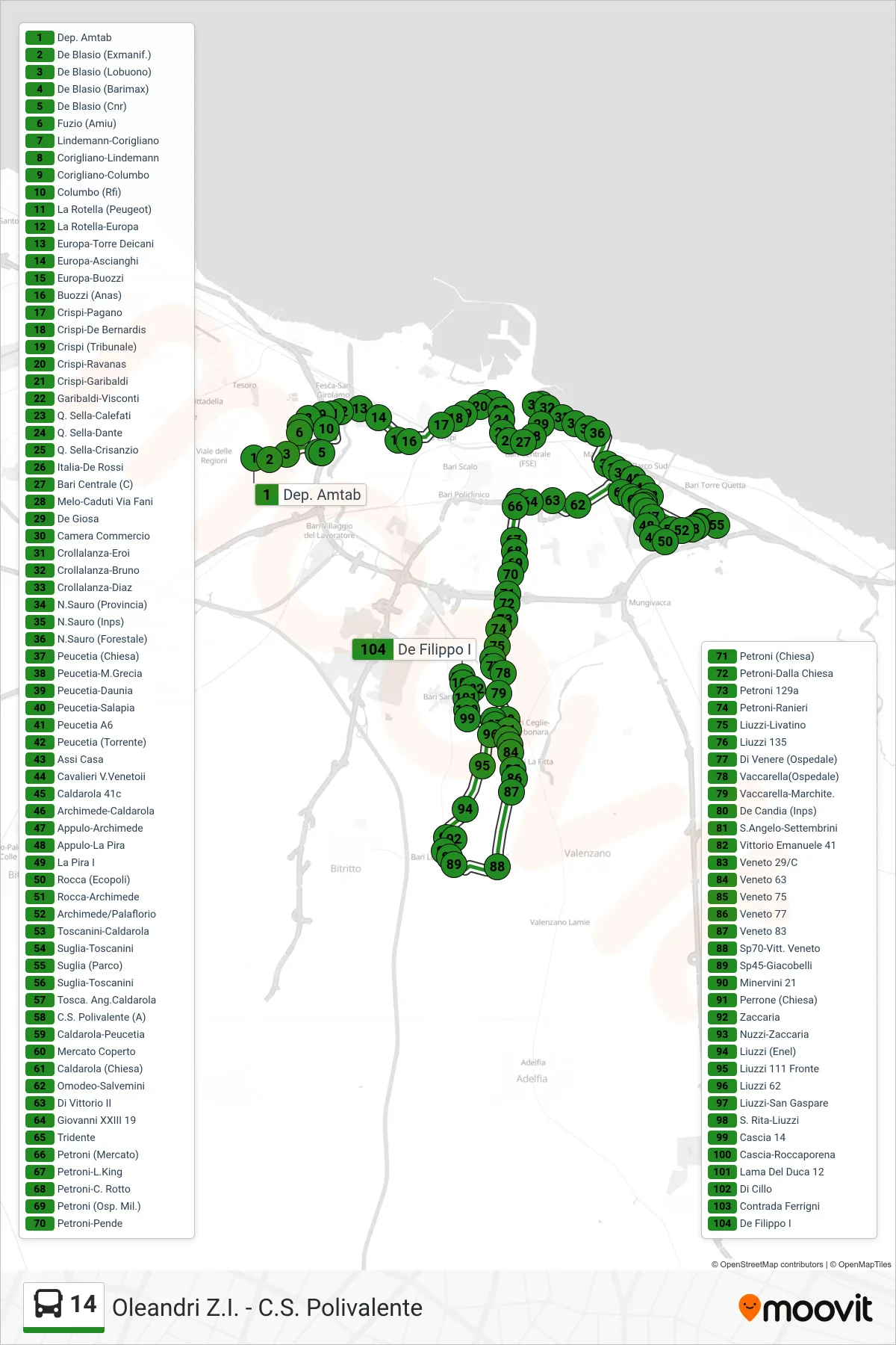Linea 14 bus (Dep. Amtab→De Filippo I) - Percorsi e fermate sulla mappa