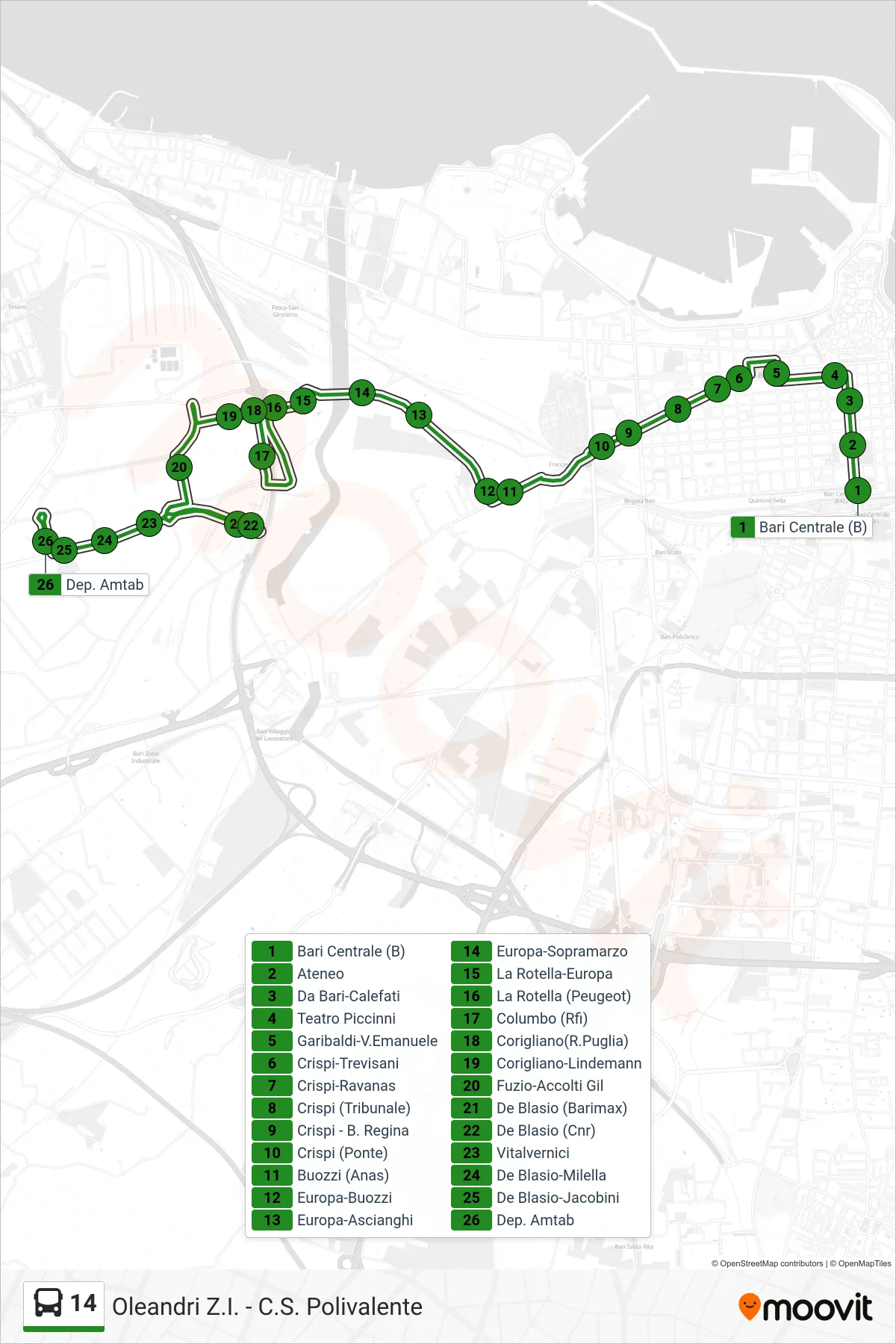Linea 14 bus (Bari Centrale (B)→Dep. Amtab) - Percorsi e fermate sulla mappa