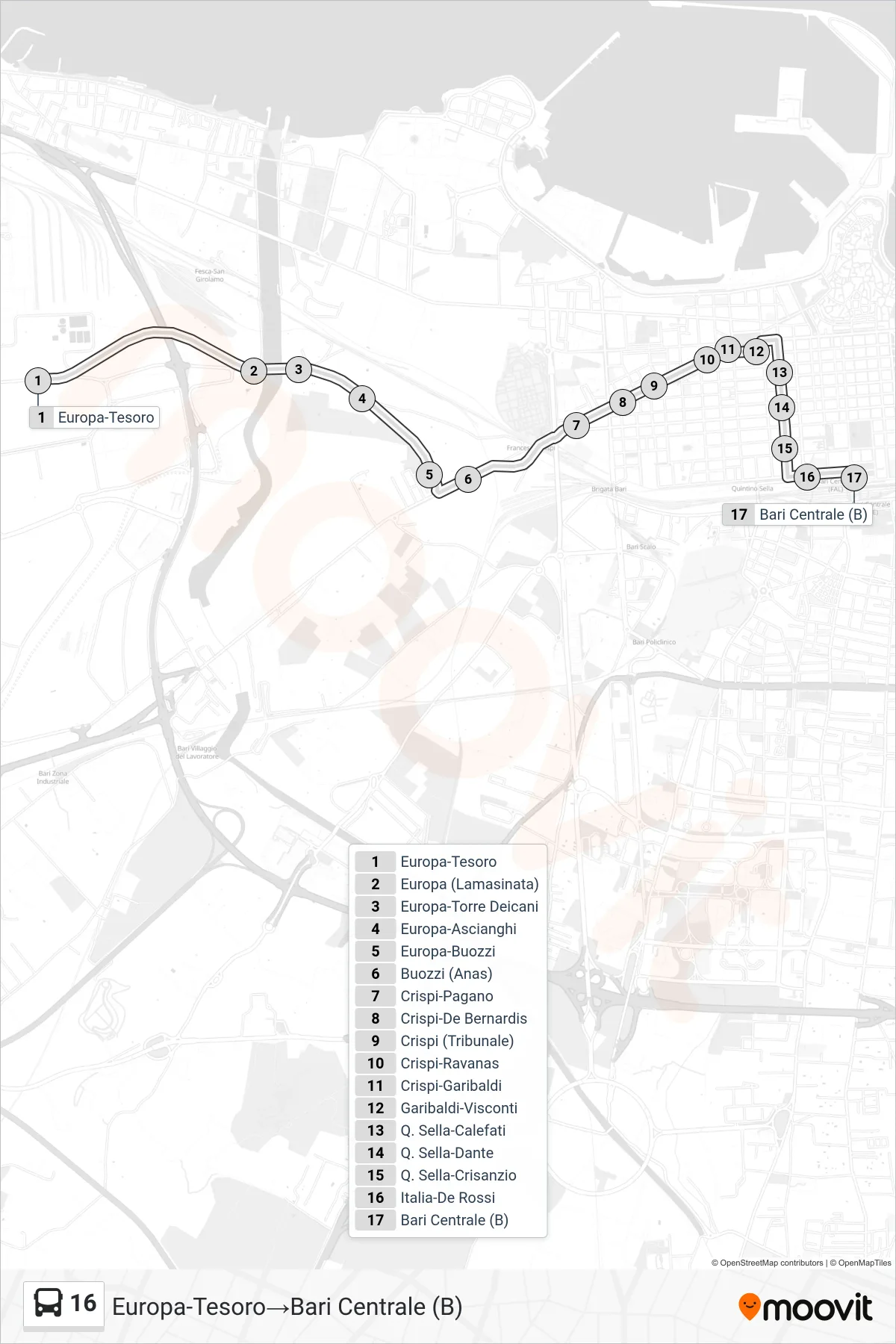 Linea 16  bus (Europa-Tesoro‎→Bari Centrale (B)) - Percorsi e fermate sulla mappa