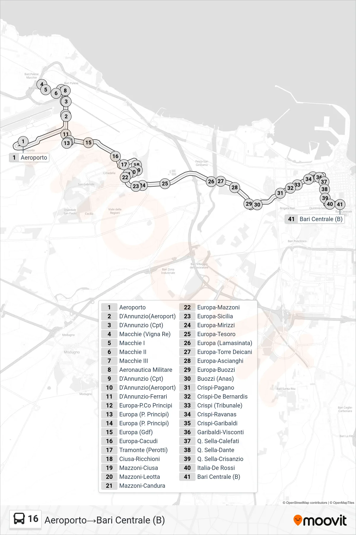 Linea 16 bus (Aeroporto→Bari Centrale (B)) - Percorsi e fermate sulla mappa