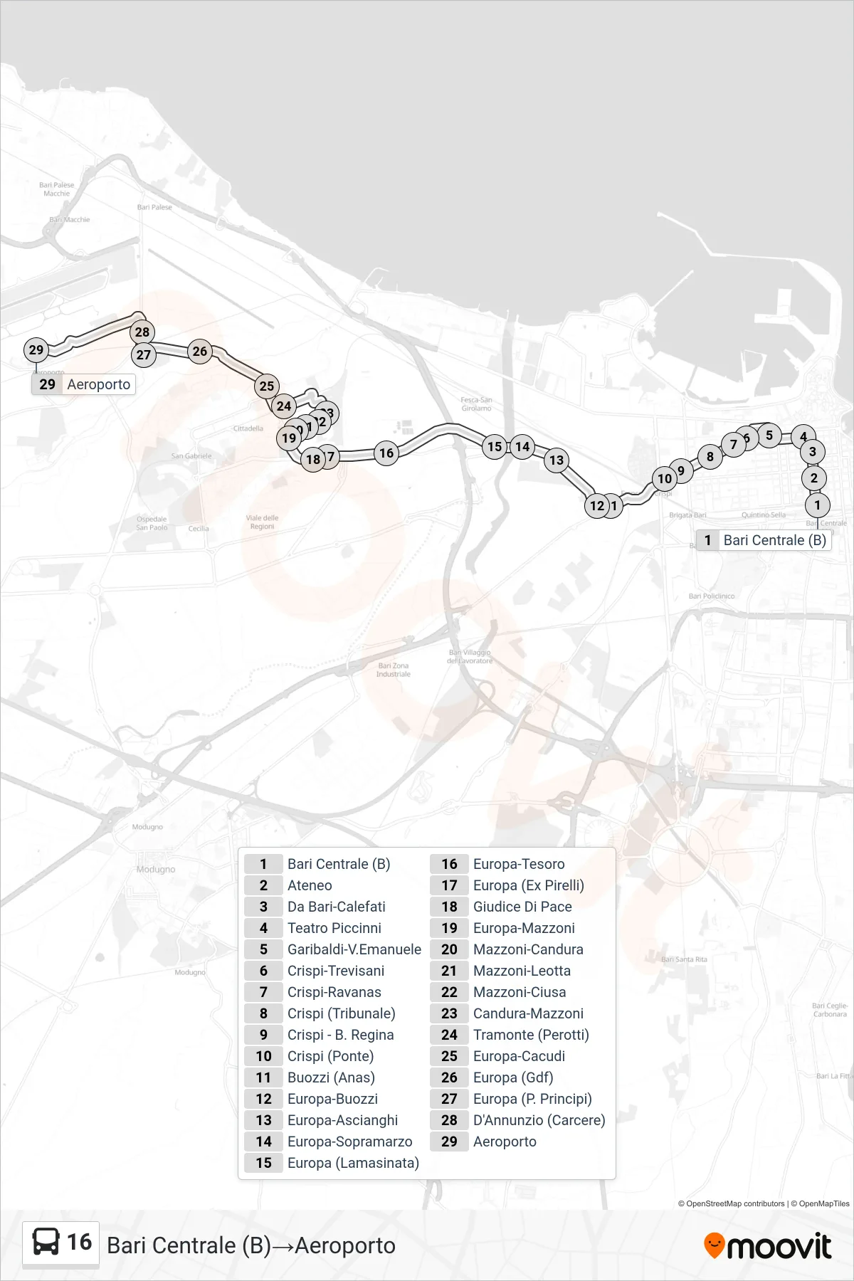 16 bus Line (Bari Central (B)‎→Airport) route and stops on a map