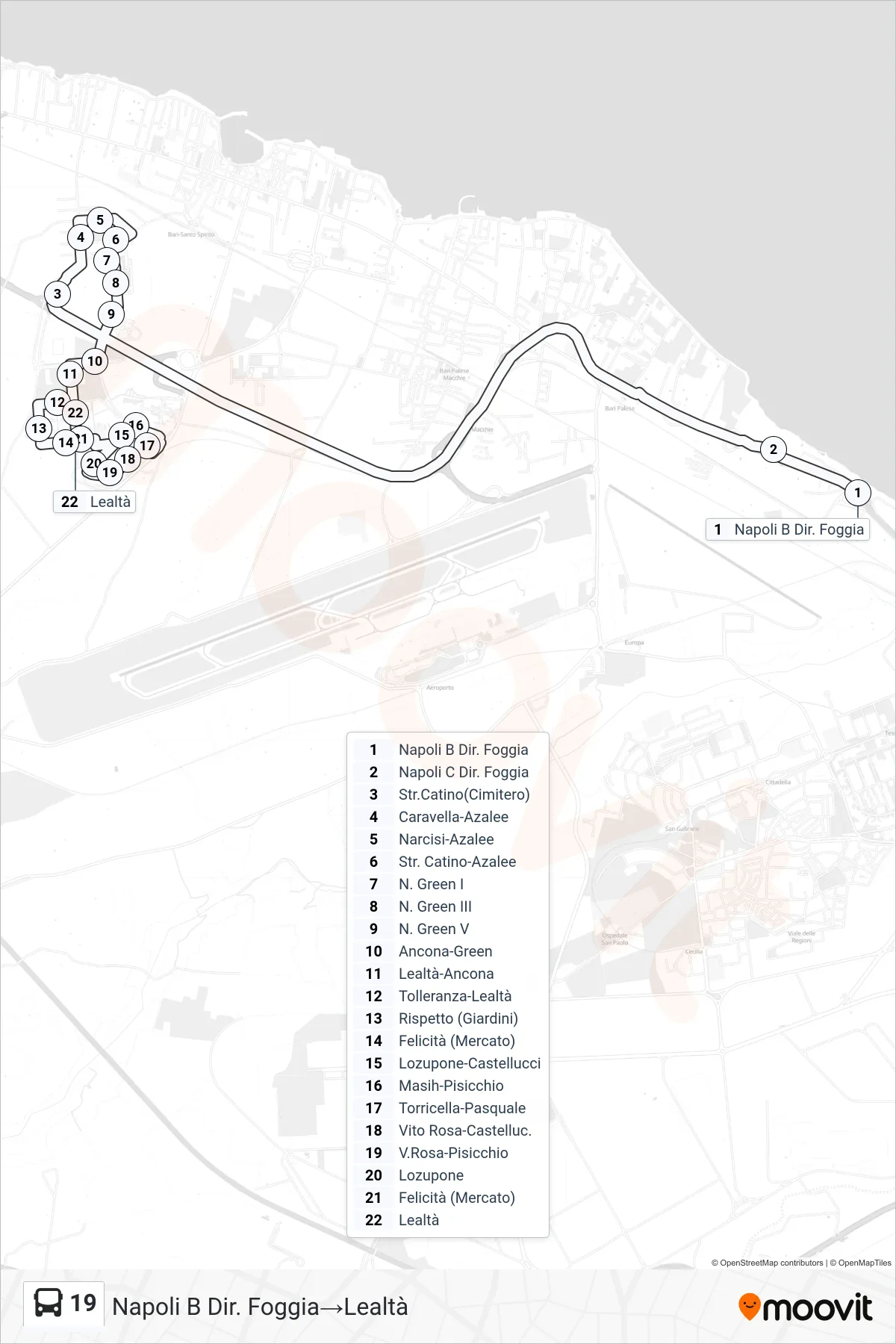 Linea 19  bus (Napoli B Dir. Foggia‎→Lealtà) - Percorsi e fermate sulla mappa