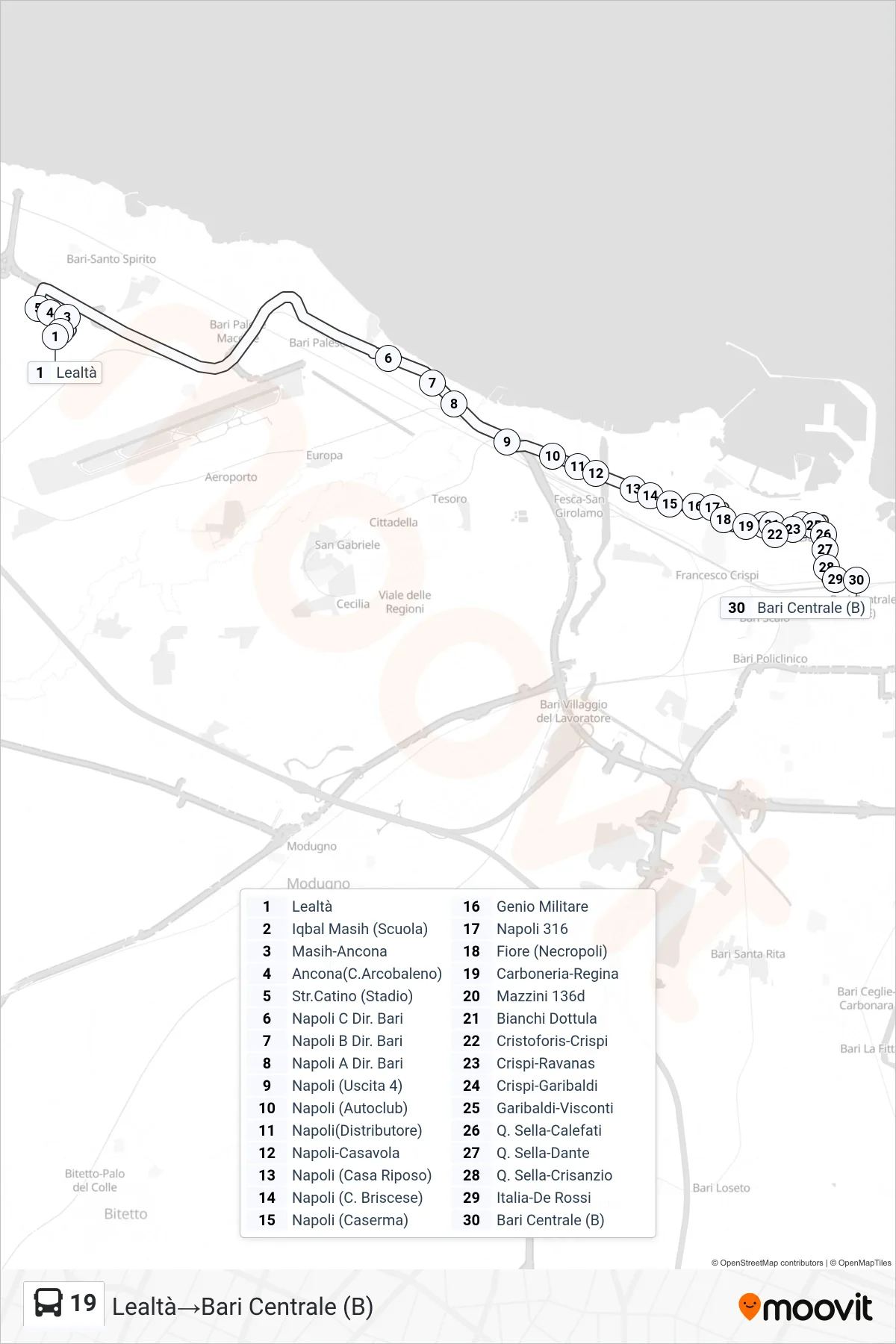 Linea 19 bus (Lealtà→Bari Centrale (B)) - Percorsi e fermate sulla mappa