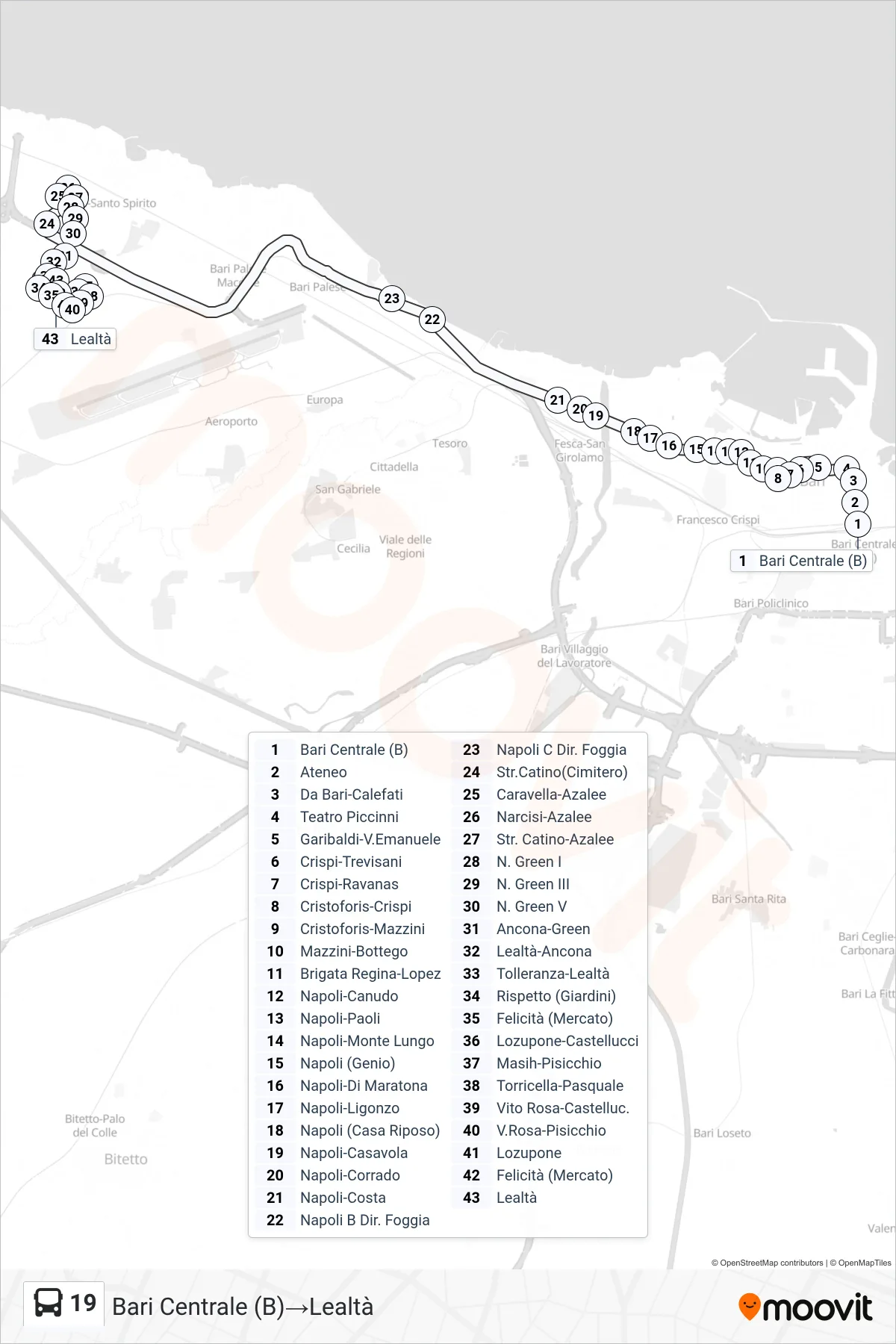Linea 19 bus (Bari Centrale (B)→Lealtà) - Percorsi e fermate sulla mappa