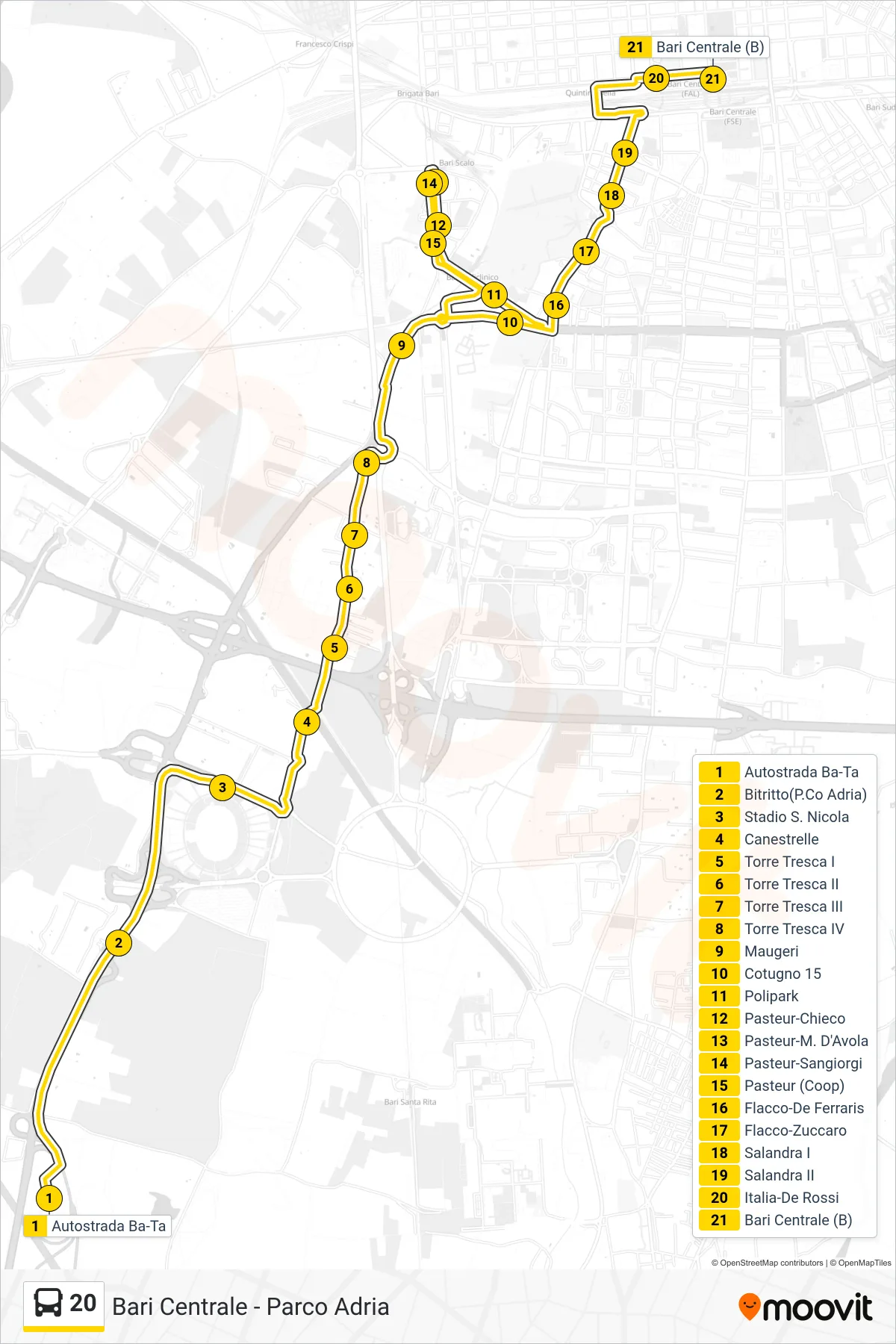 Linea 20  bus (Autostrada Ba-Ta‎→Bari Centrale (B)) - Percorsi e fermate sulla mappa