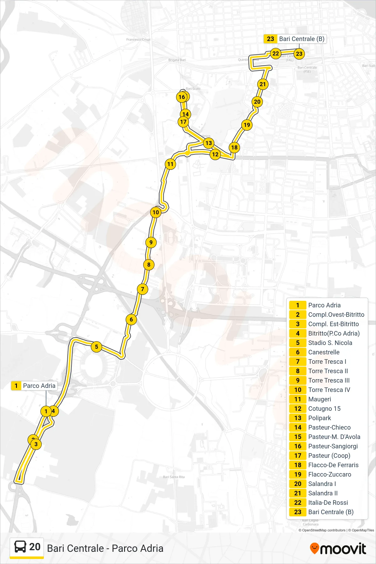 Linea 20  bus (Parco Adria‎→Bari Centrale (B)) - Percorsi e fermate sulla mappa
