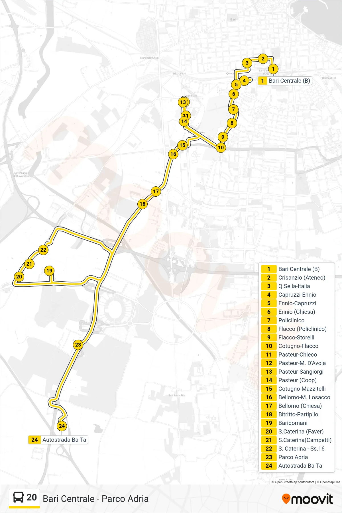 Linea 20  bus (Bari Centrale (B)‎→Autostrada Ba-Ta) - Percorsi e fermate sulla mappa