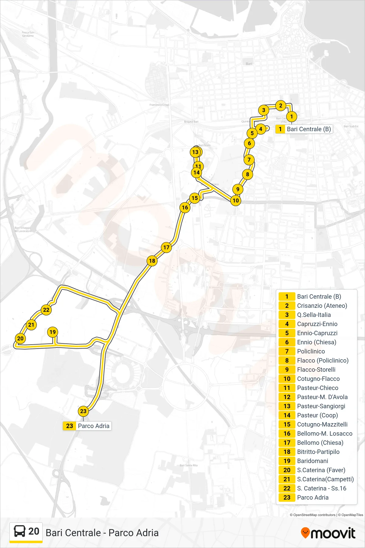 Linea 20 bus (Bari Centrale (B)→Parco Adria) - Percorsi e fermate sulla mappa