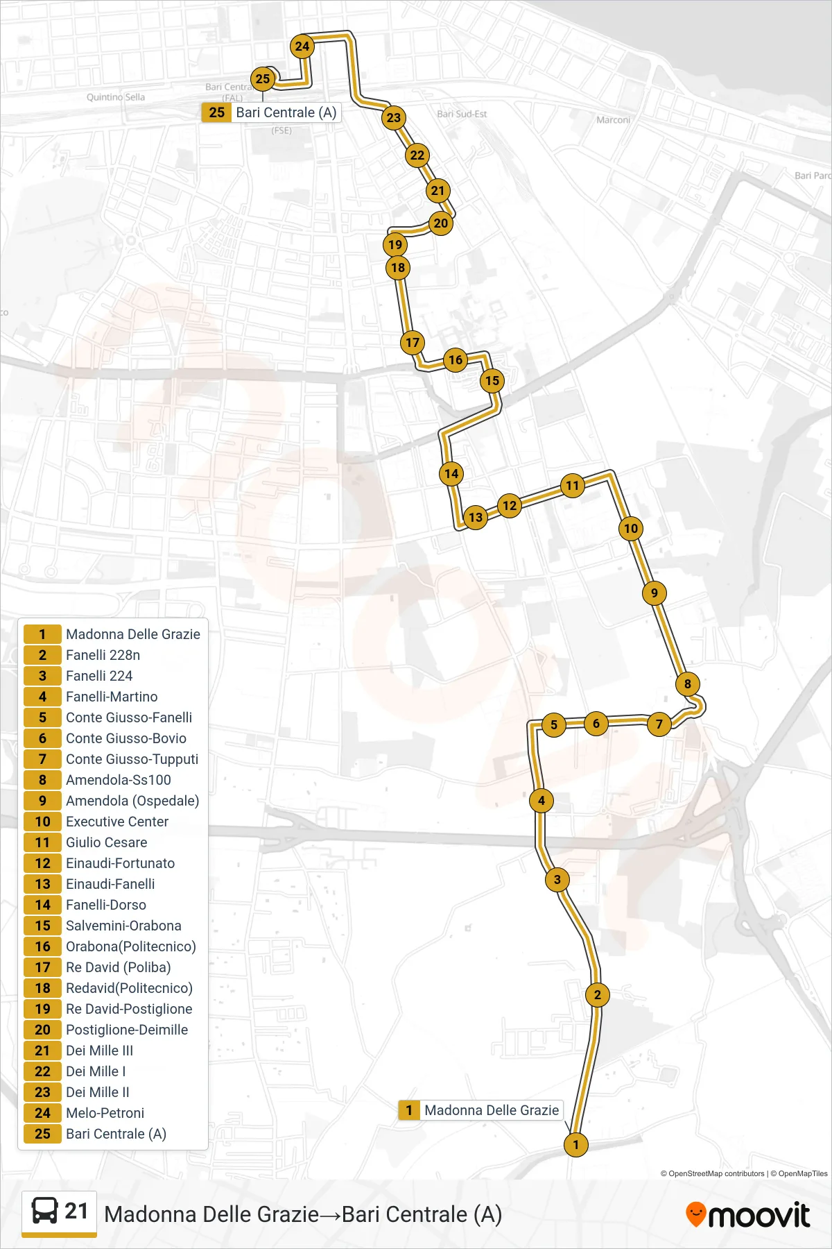 Linea 21 bus (Madonna Delle Grazie→Bari Centrale (A)) - Percorsi e fermate sulla mappa