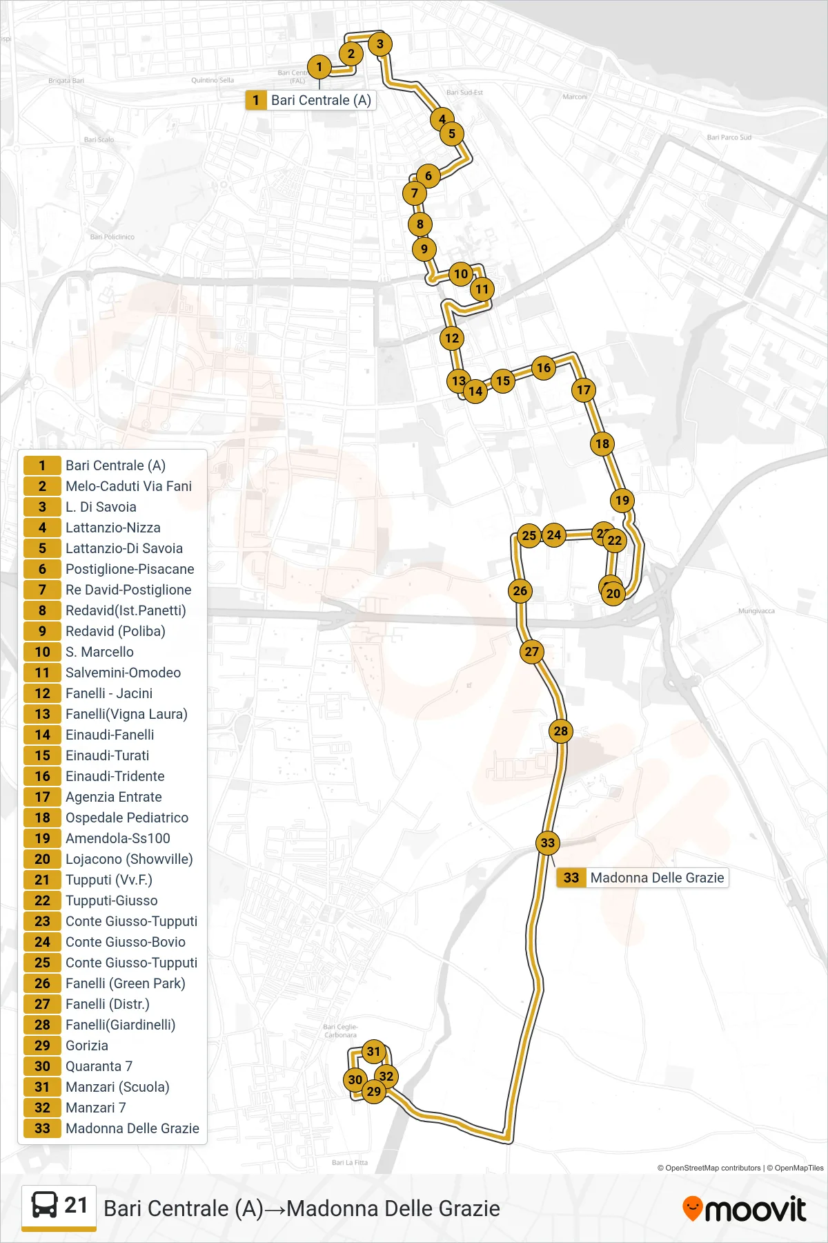 Linea 21  bus (Bari Centrale (A)‎→Madonna Delle Grazie) - Percorsi e fermate sulla mappa