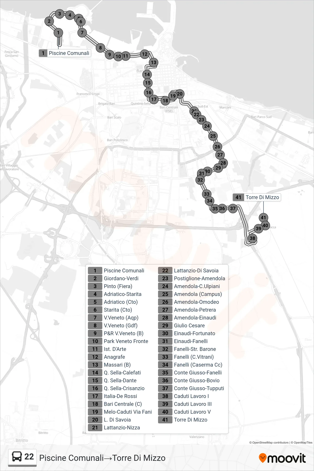 Linea 22 bus (Piscine Comunali→Torre Di Mizzo) - Percorsi e fermate sulla mappa