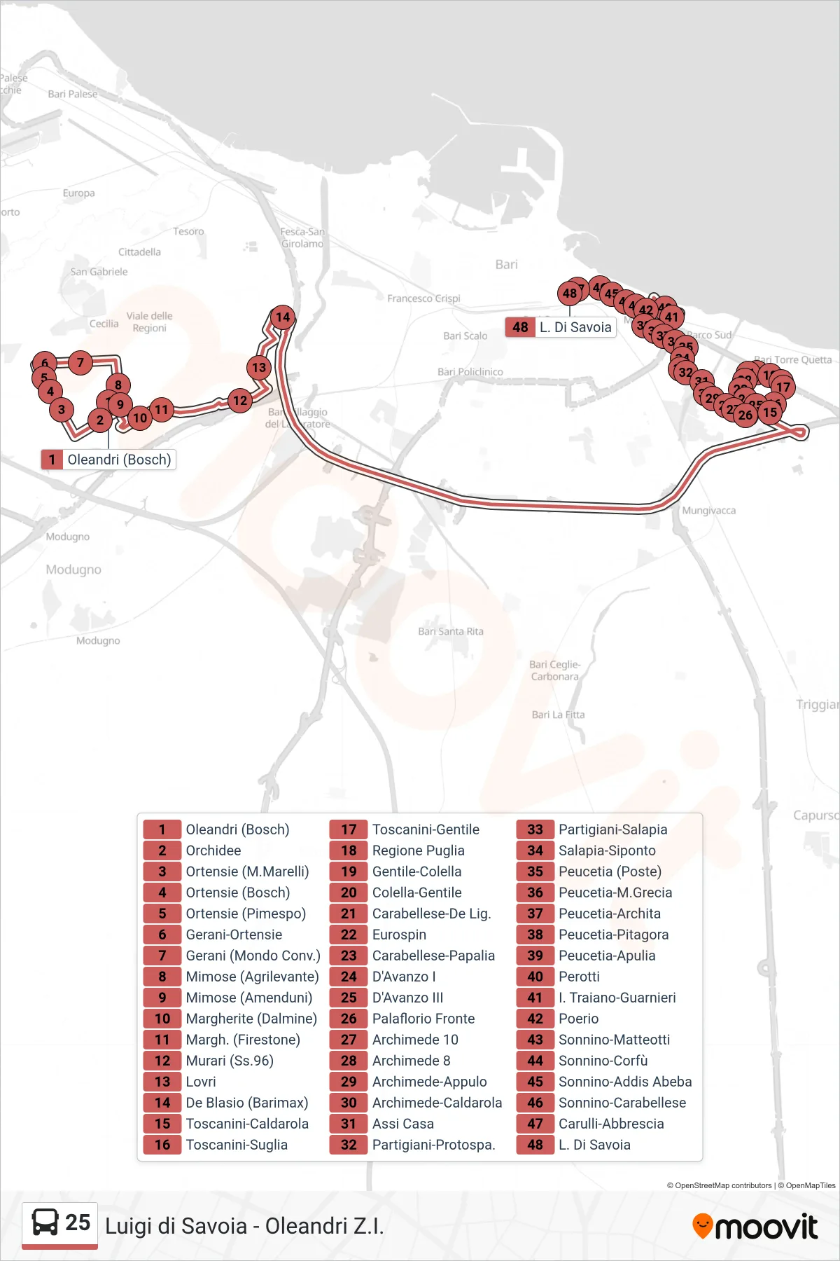 Linea 25  bus (Oleandri (Bosch)‎→L. Di Savoia) - Percorsi e fermate sulla mappa