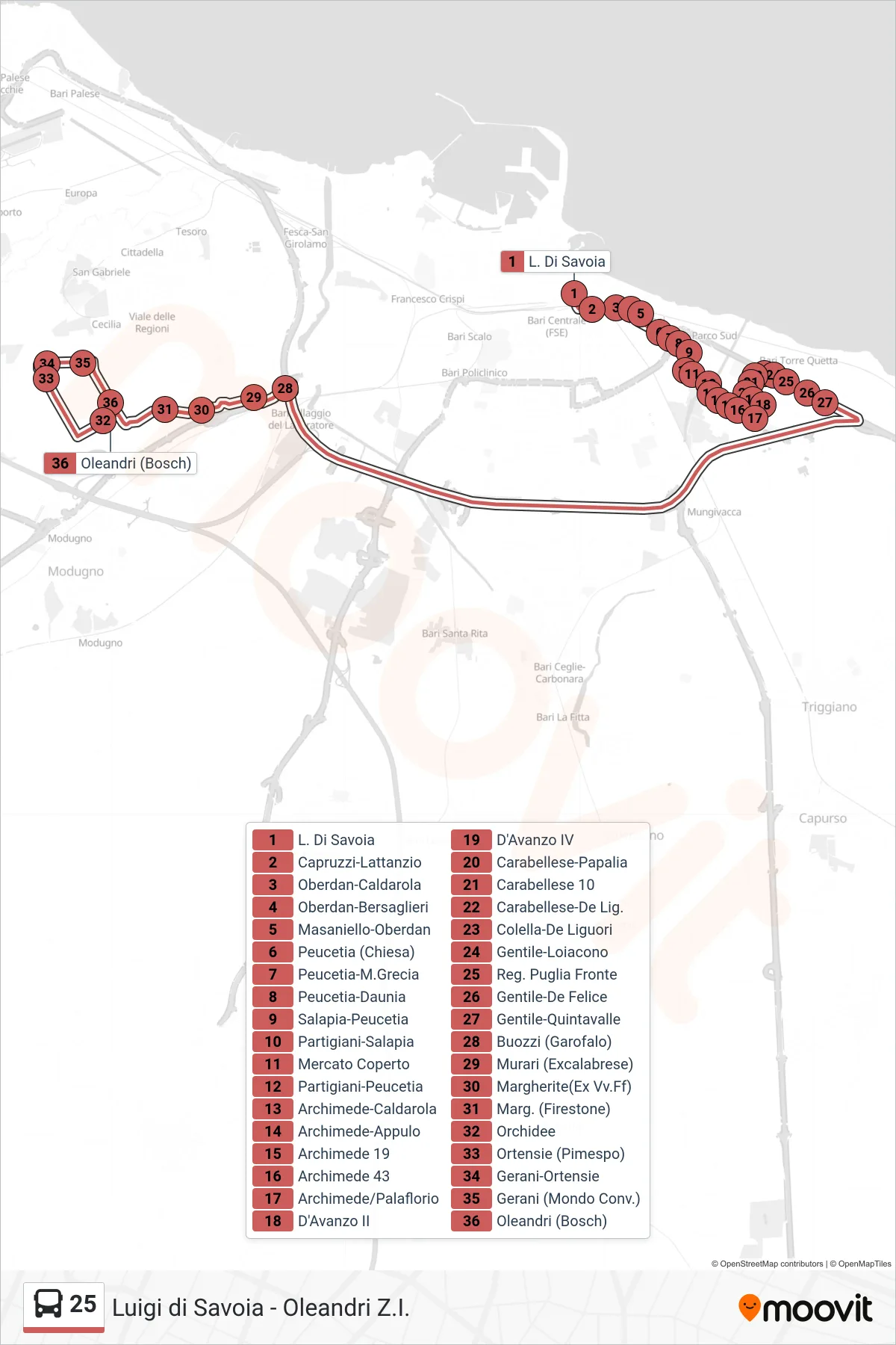 Linea 25  bus (L. Di Savoia‎→Oleandri (Bosch)) - Percorsi e fermate sulla mappa