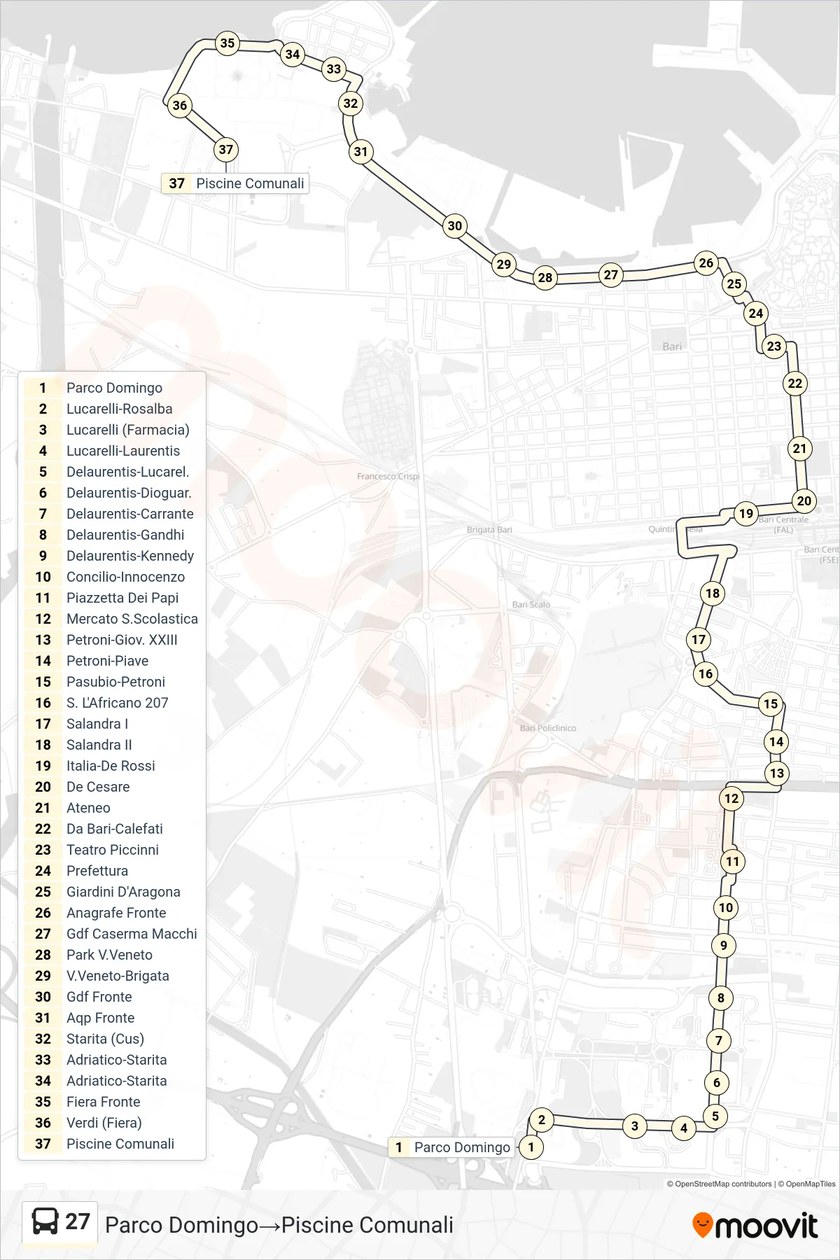Linea 27 bus (Parco Domingo→Piscine Comunali) - Percorsi e fermate sulla mappa