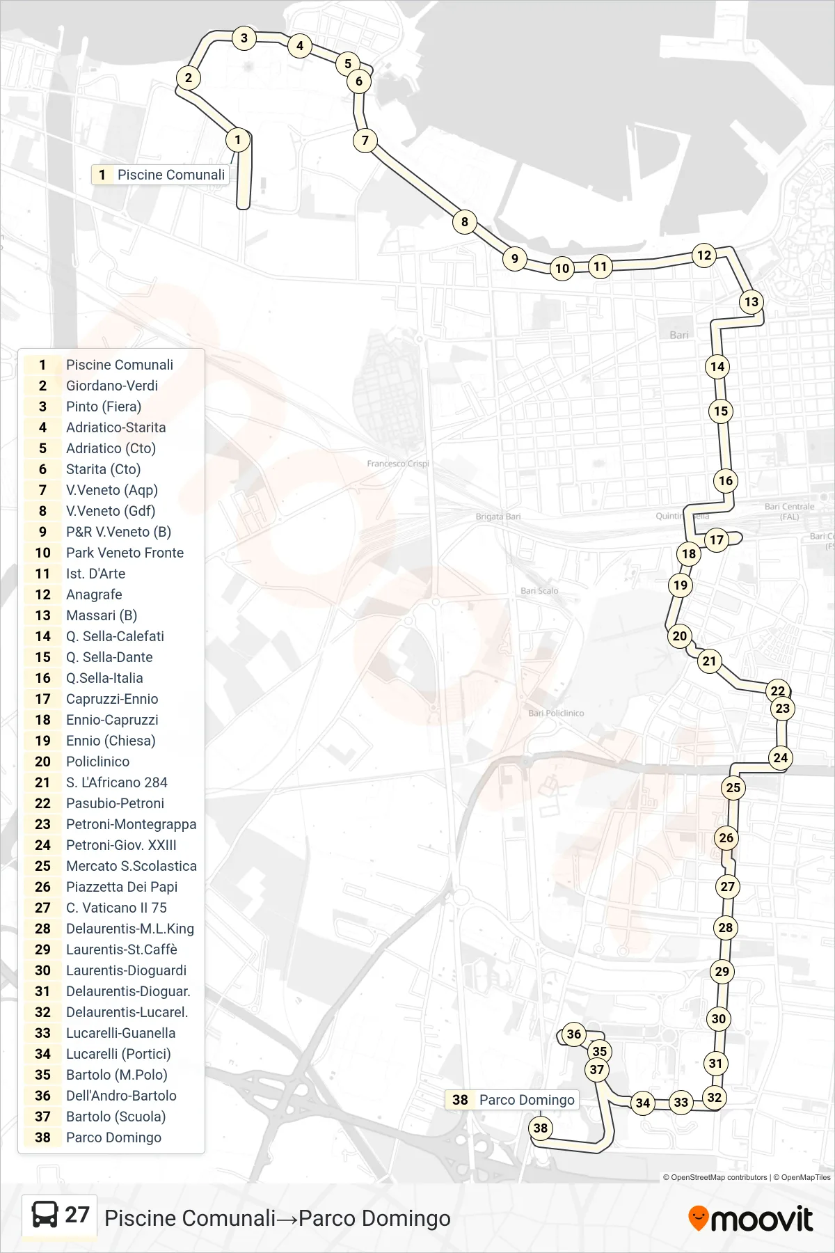Linea 27  bus (Piscine Comunali‎→Parco Domingo) - Percorsi e fermate sulla mappa