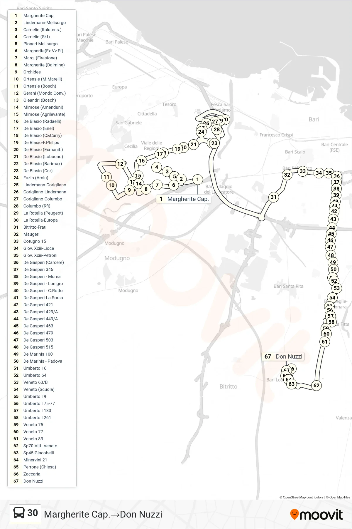 Linea 30  bus (Margherite Cap.‎→Don Nuzzi) - Percorsi e fermate sulla mappa