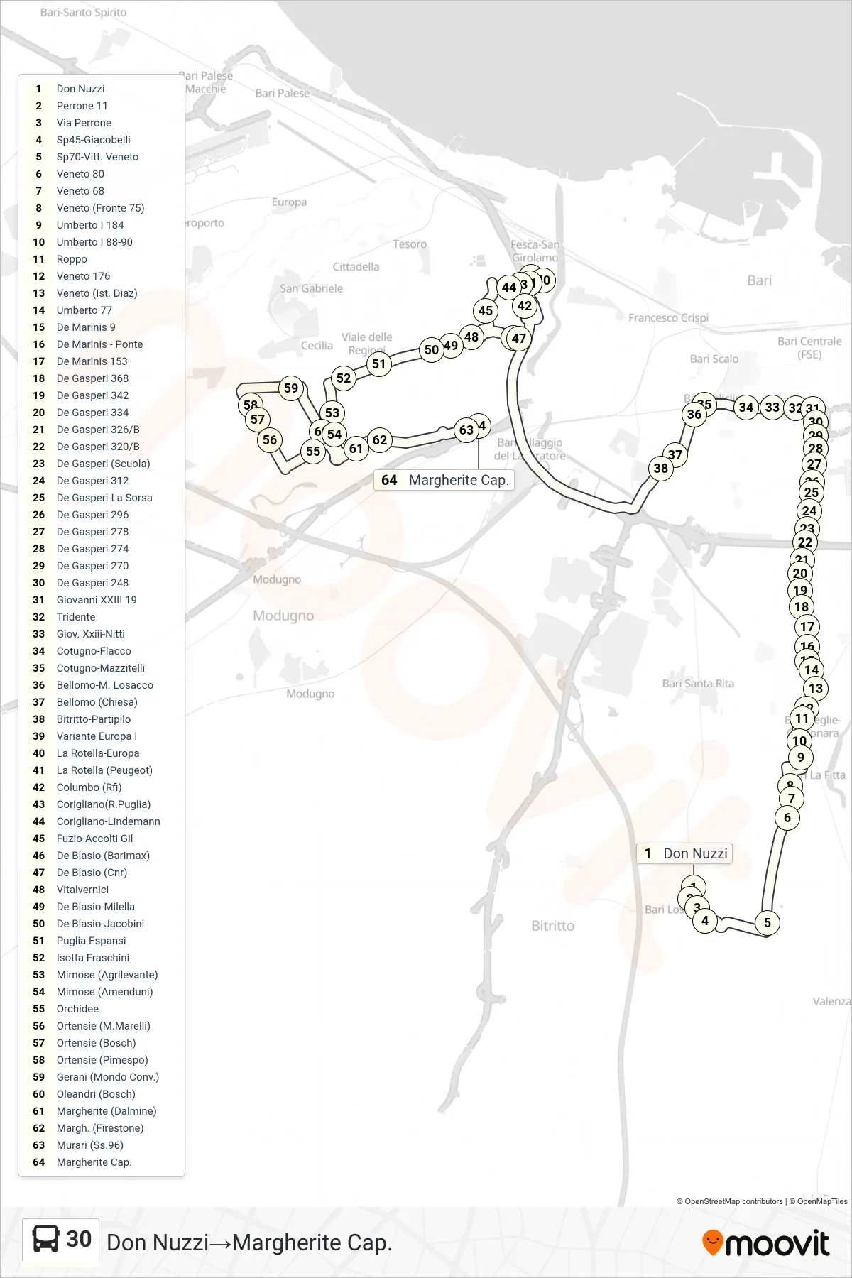 Linea 30 bus (Don Nuzzi→Margherite Cap.) - Percorsi e fermate sulla mappa
