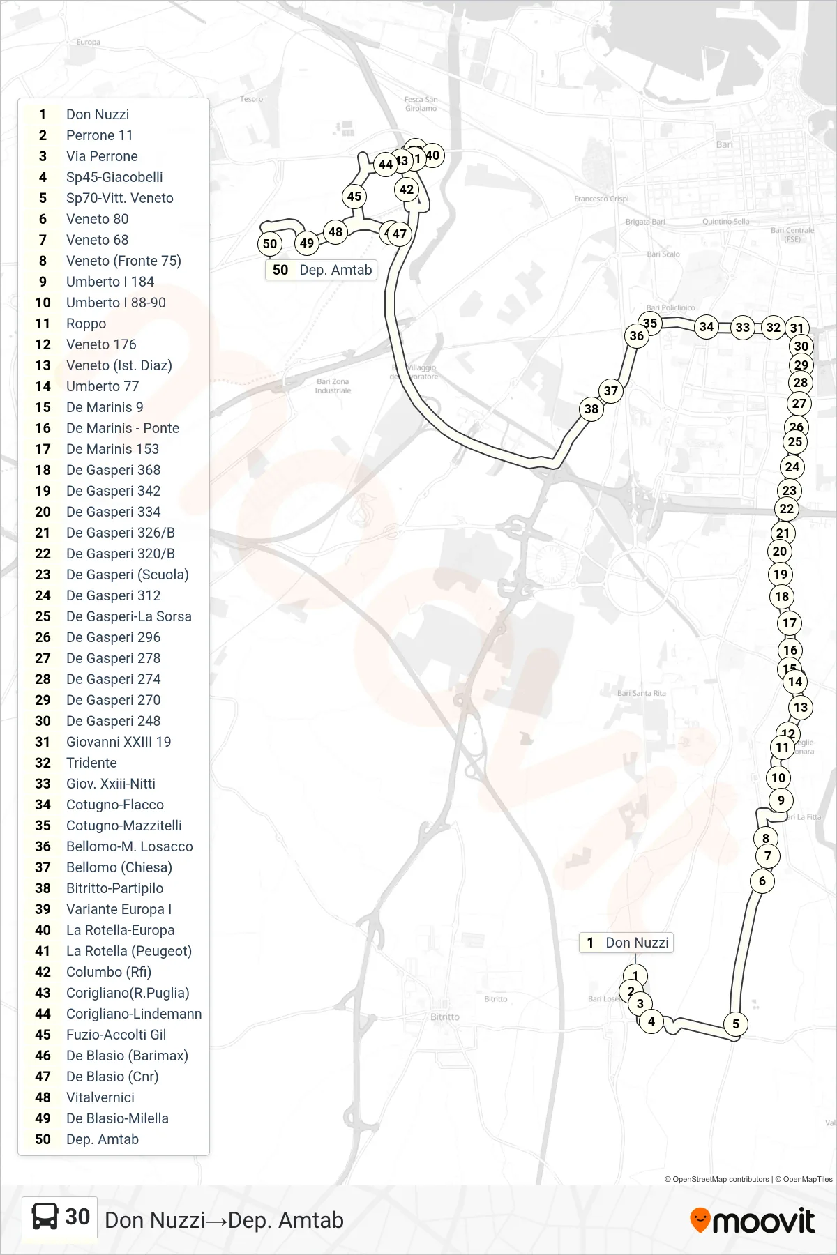 Linea 30 bus (Don Nuzzi→Dep. Amtab) - Percorsi e fermate sulla mappa