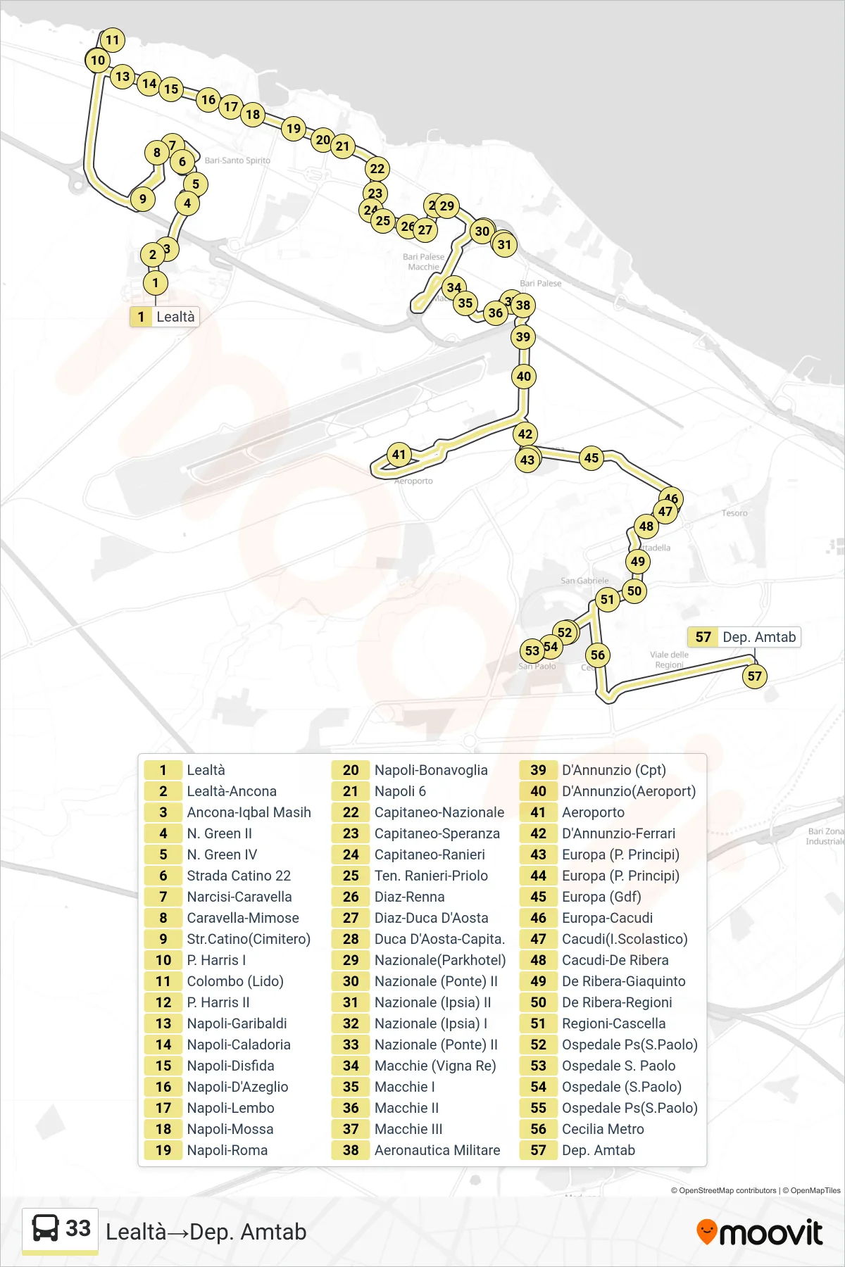 Linea 33  bus (Lealtà‎→Dep. Amtab) - Percorsi e fermate sulla mappa