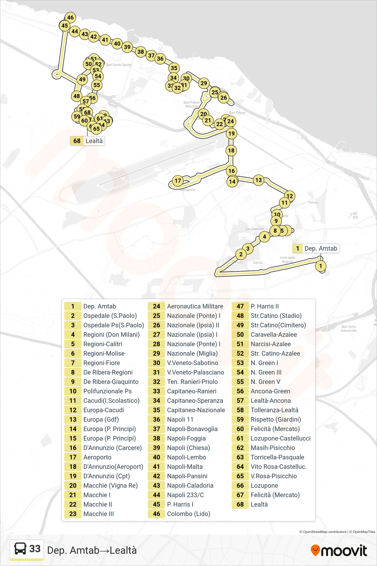 Linea 33  bus (Dep. Amtab‎→Lealtà) - Percorsi e fermate sulla mappa