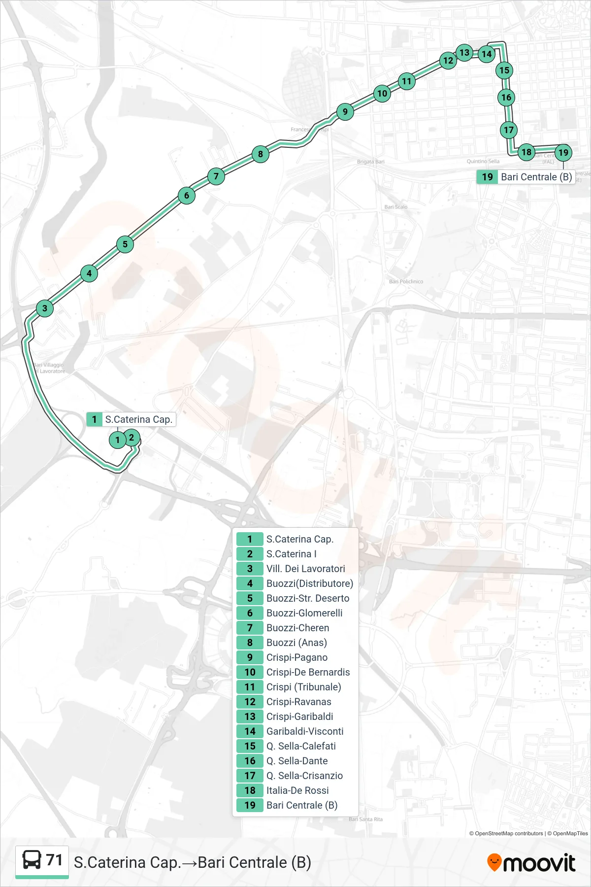 Linea 71 bus (S.Caterina Cap.→Bari Centrale (B)) - Percorsi e fermate sulla mappa
