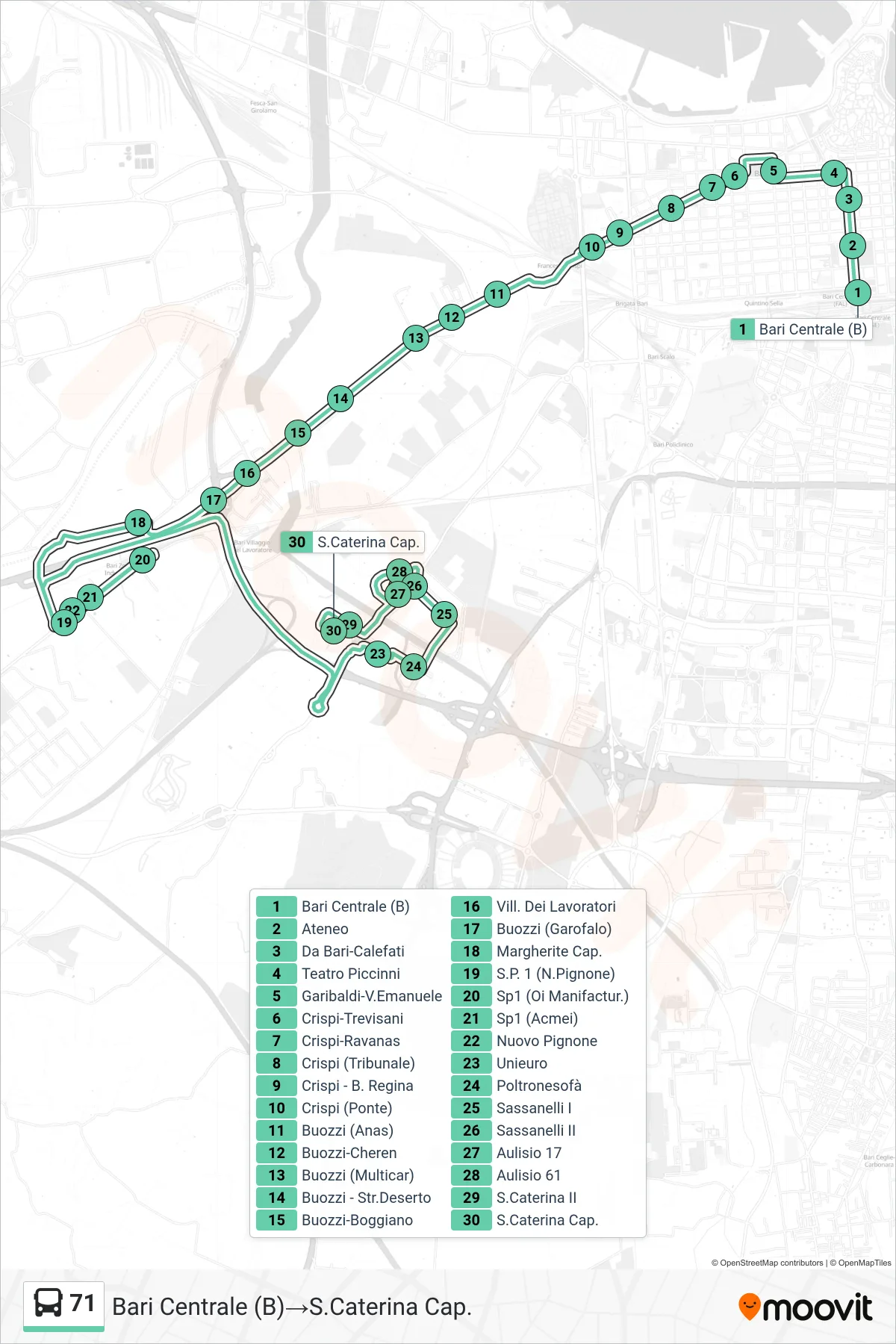 Linea 71 bus (Bari Centrale (B)→S.Caterina Cap.) - Percorsi e fermate sulla mappa
