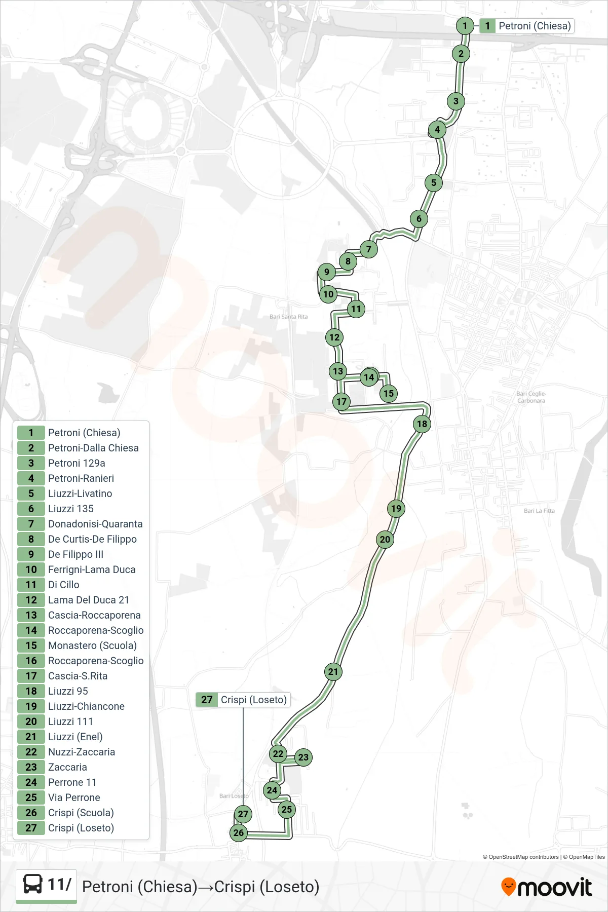 Linea 11/ bus (Petroni (Chiesa)→Crispi (Loseto)) - Percorsi e fermate sulla mappa