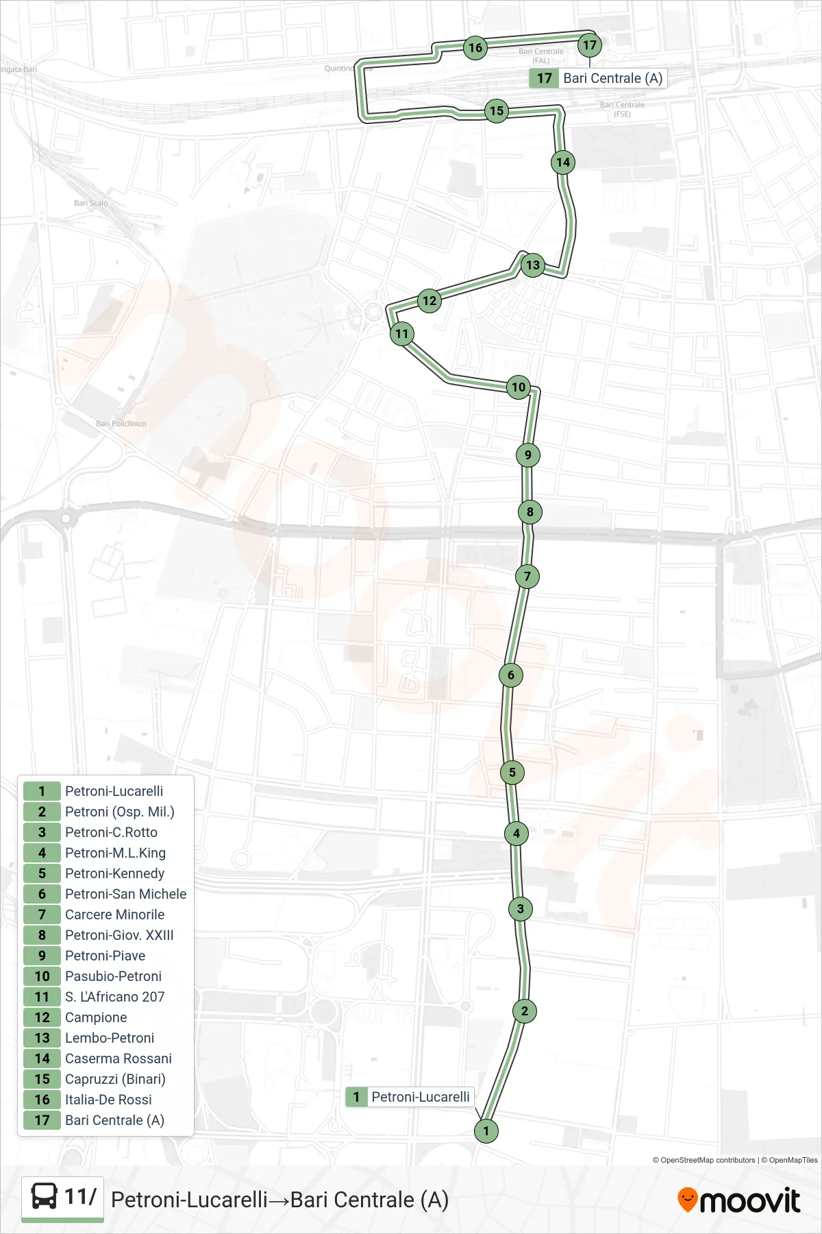 Linea 11/ bus (Petroni-Lucarelli→Bari Centrale (A)) - Percorsi e fermate sulla mappa