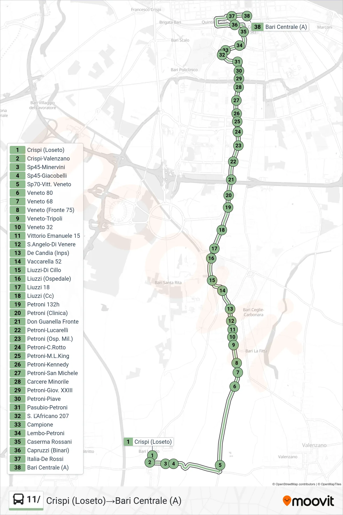 Linea 11/ bus (Crispi (Loseto)→Bari Centrale (A)) - Percorsi e fermate sulla mappa