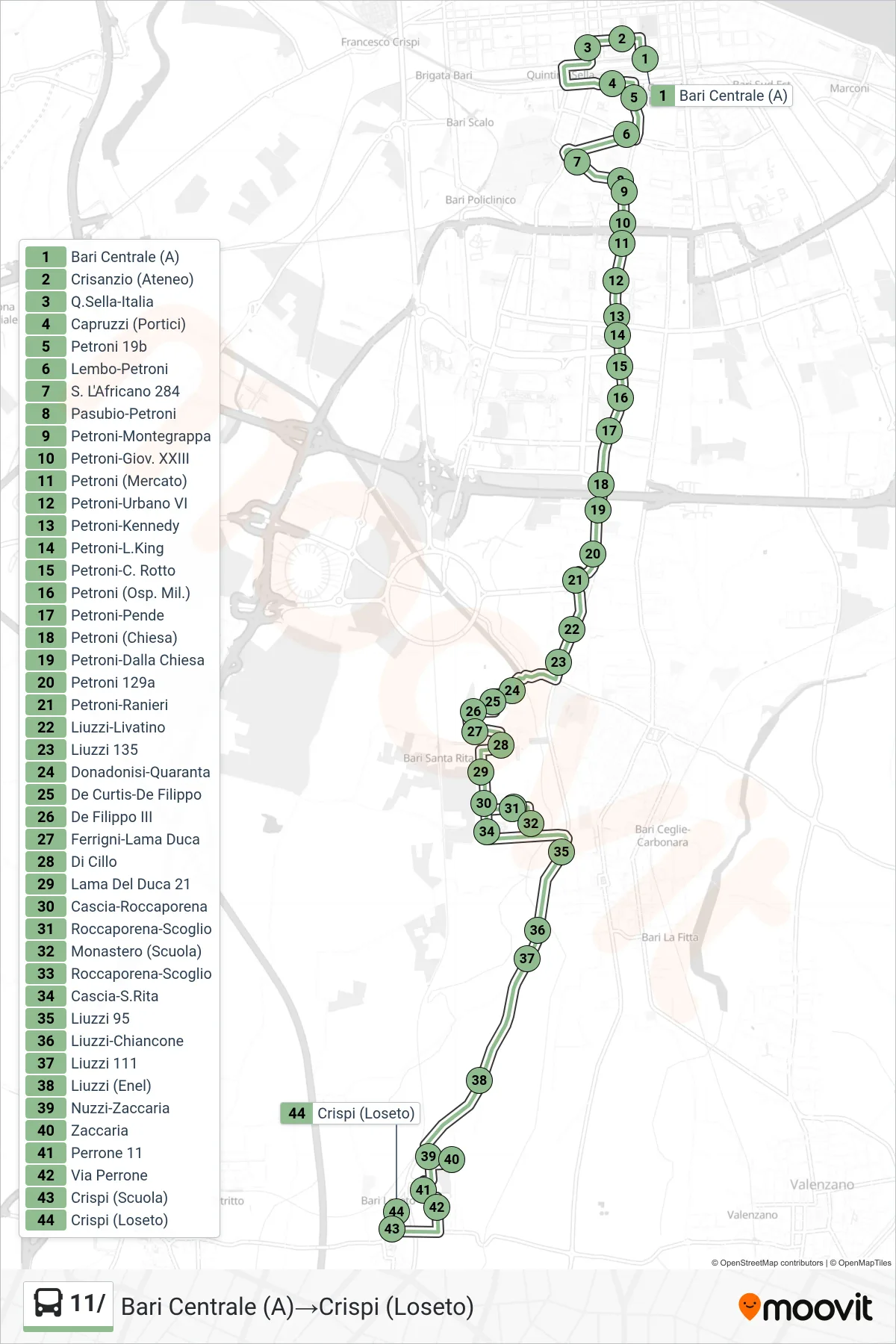 Linea 11/ bus (Bari Centrale (A)→Crispi (Loseto)) - Percorsi e fermate sulla mappa