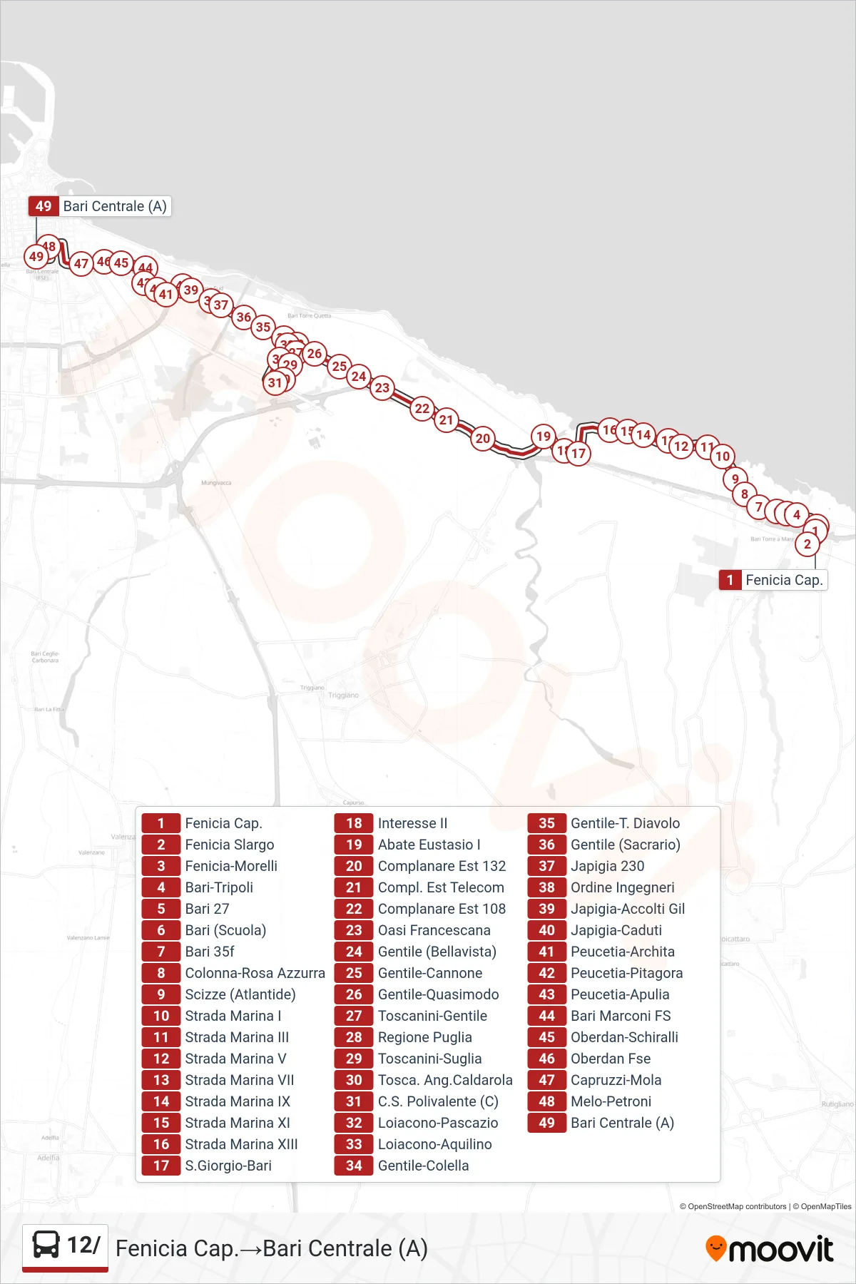 Linea 12/  bus (Fenicia Cap.‎→Bari Centrale (A)) - Percorsi e fermate sulla mappa