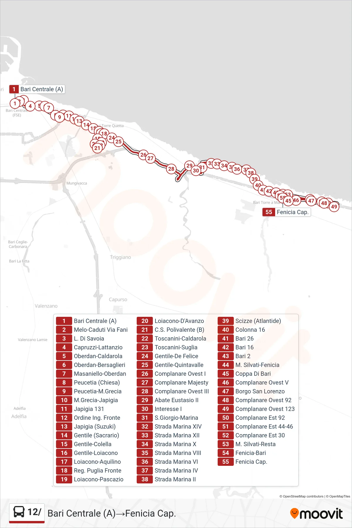 Linea 12/ bus (Bari Centrale (A)→Fenicia Cap.) - Percorsi e fermate sulla mappa