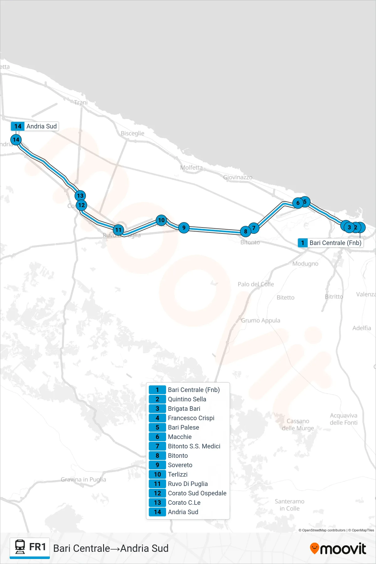 Linea FR1 treno (Bari Centrale→Andria Sud) - Percorsi e fermate sulla mappa