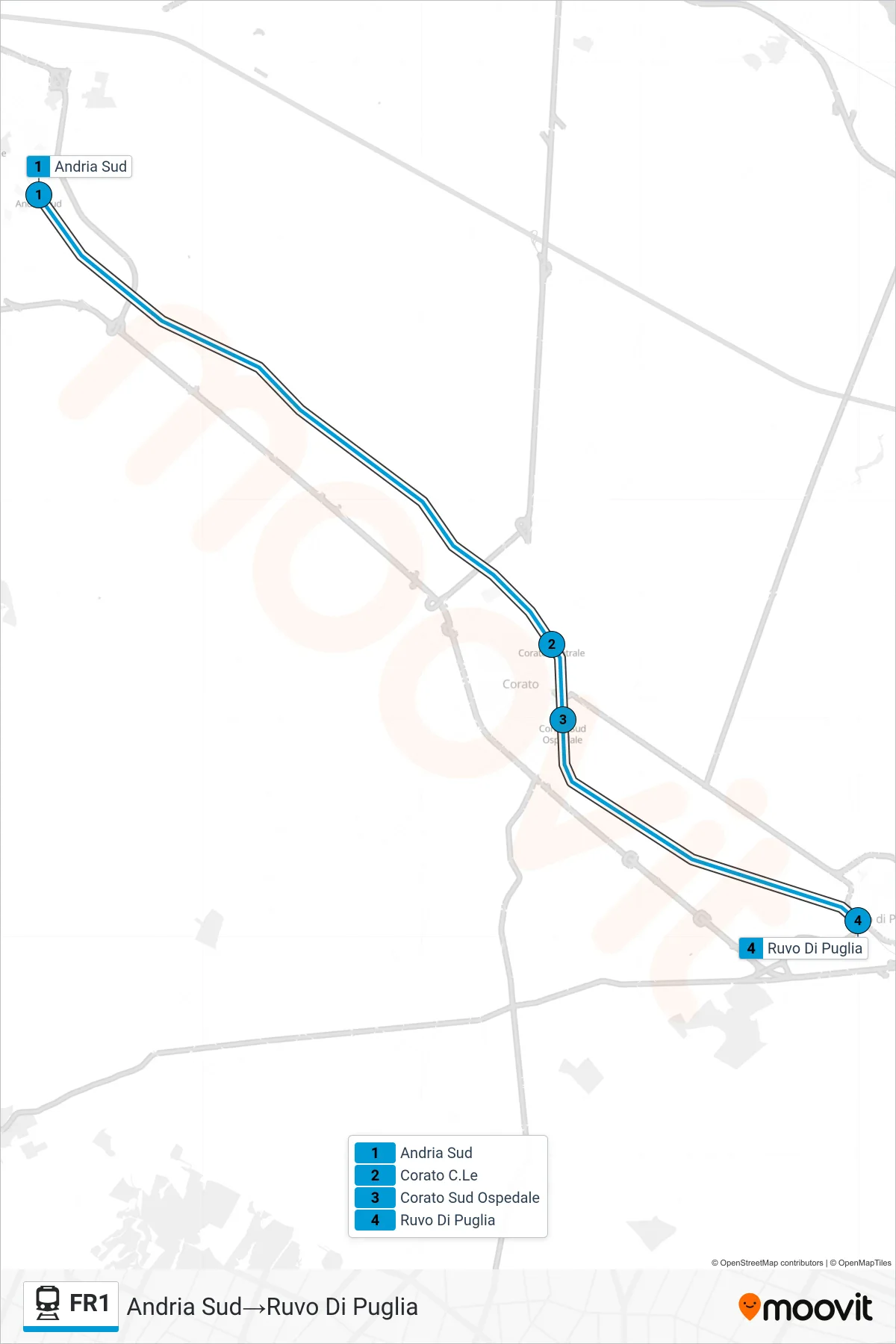 Linea FR1 treno (Andria Sud→Ruvo Di Puglia) - Percorsi e fermate sulla mappa