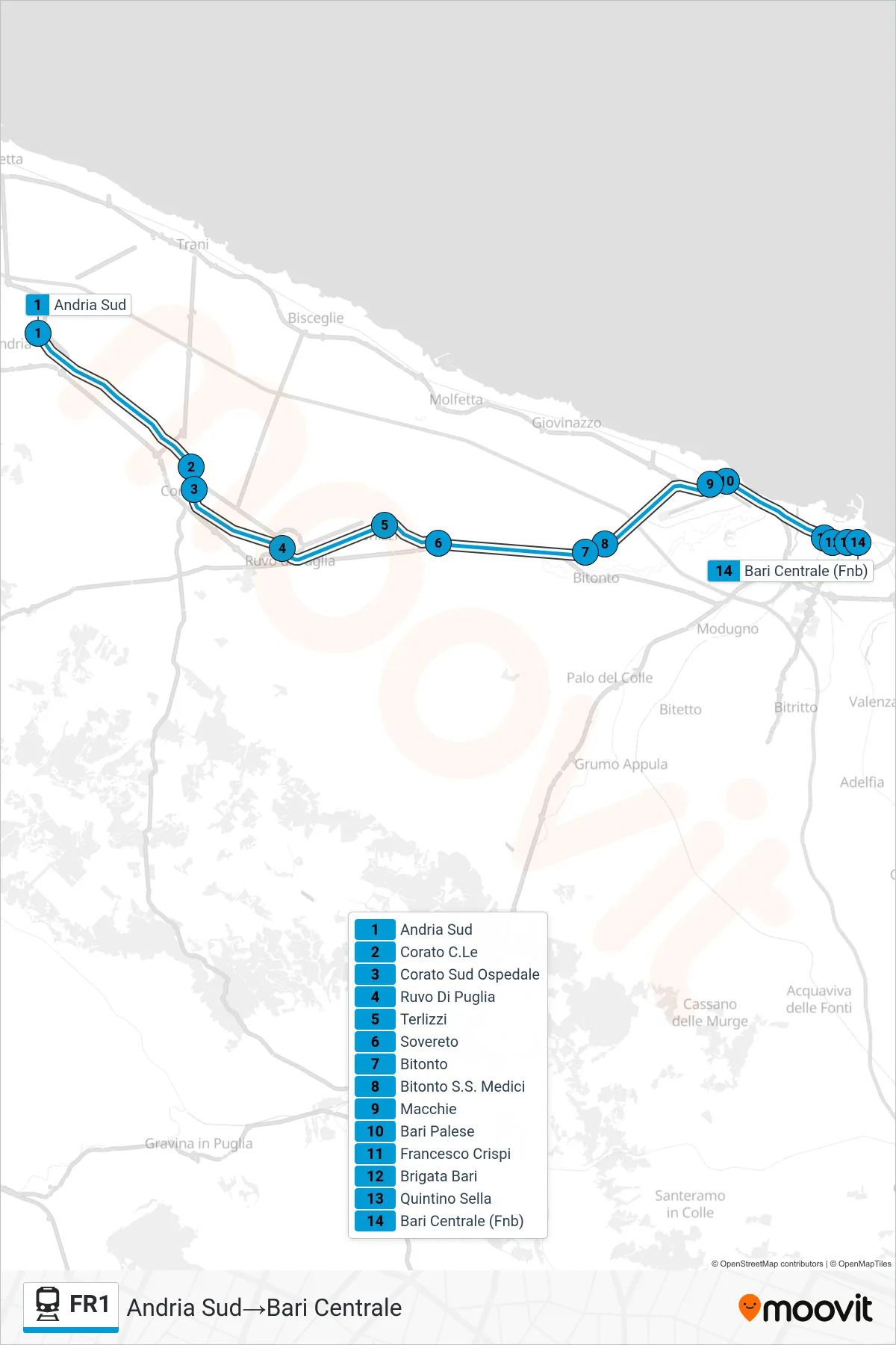 FR1 train Line (South Andria‎→Bari Central) route and stops on a map