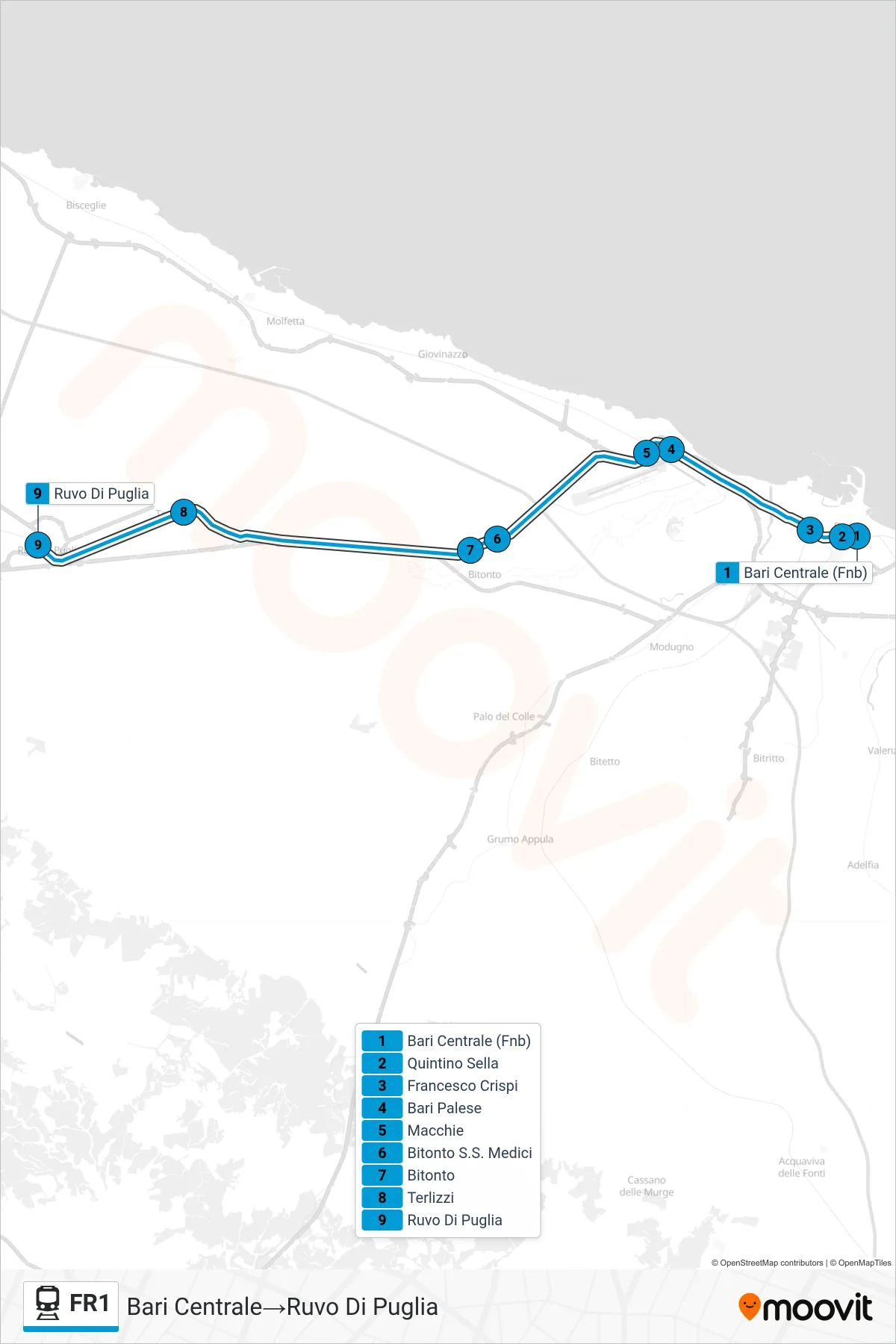 FR1 rail Line (Bari Central‎→Ruvo Di Puglia) route and stops on a map