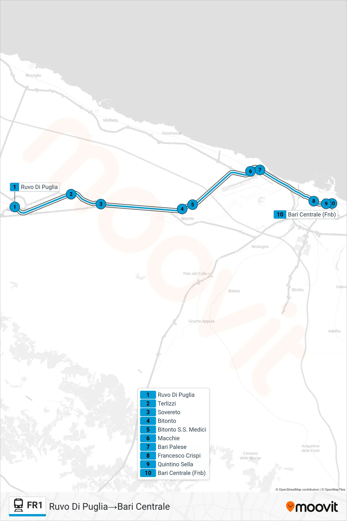 Linea FR1 treno (Ruvo Di Puglia→Bari Centrale) - Percorsi e fermate sulla mappa