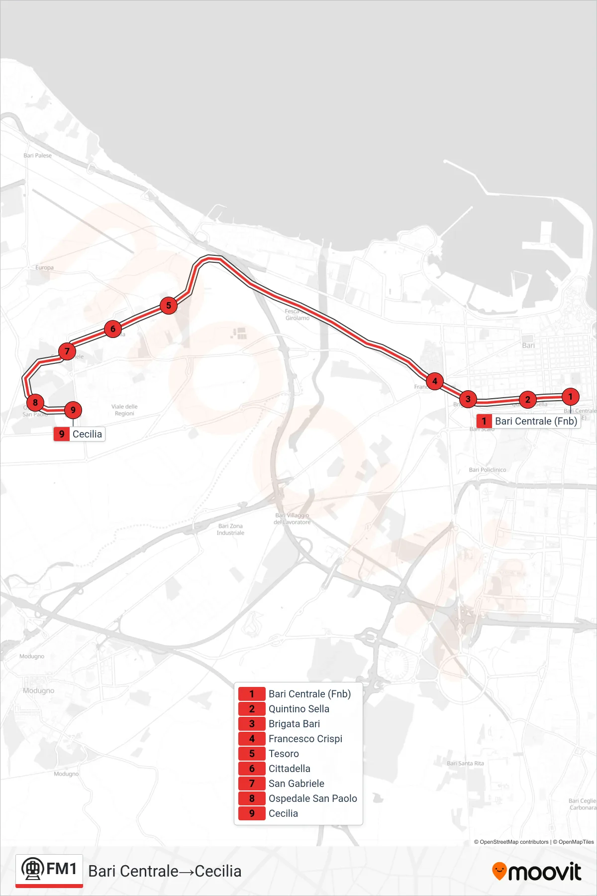 Linea FM1 metro (Bari Centrale→Cecilia) - Percorsi e fermate sulla mappa