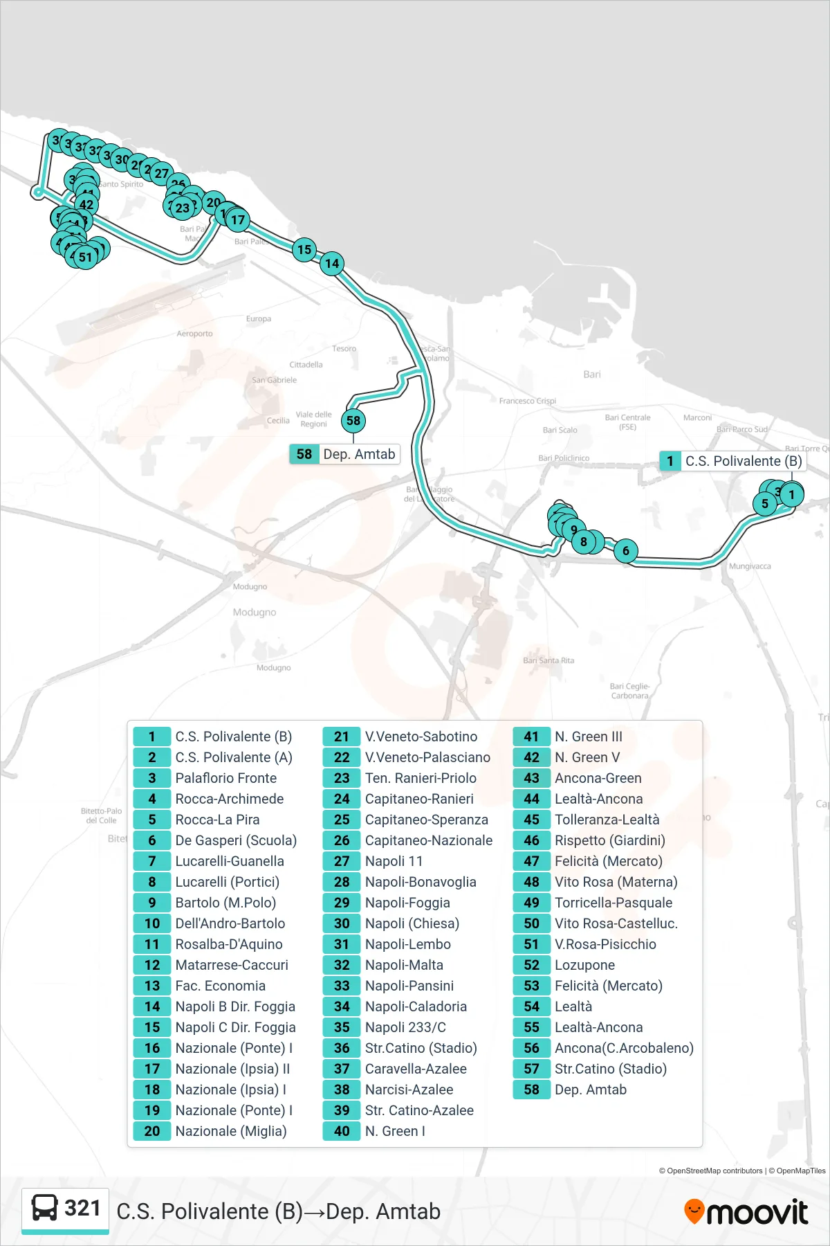 Linea 321 bus (C.S. Polivalente (B)→Dep. Amtab) - Percorsi e fermate sulla mappa