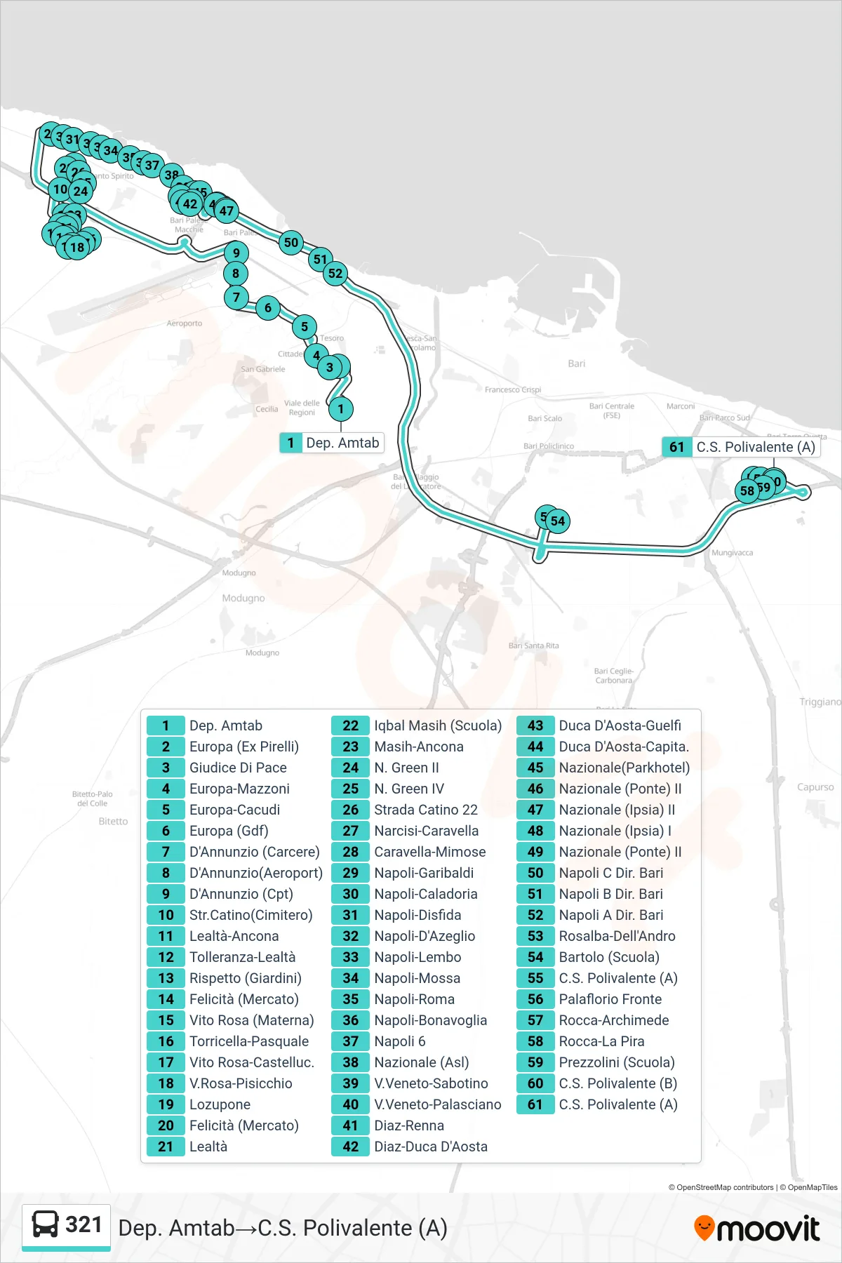 Linea 321  bus (Dep. Amtab‎→C.S. Polivalente (A)) - Percorsi e fermate sulla mappa