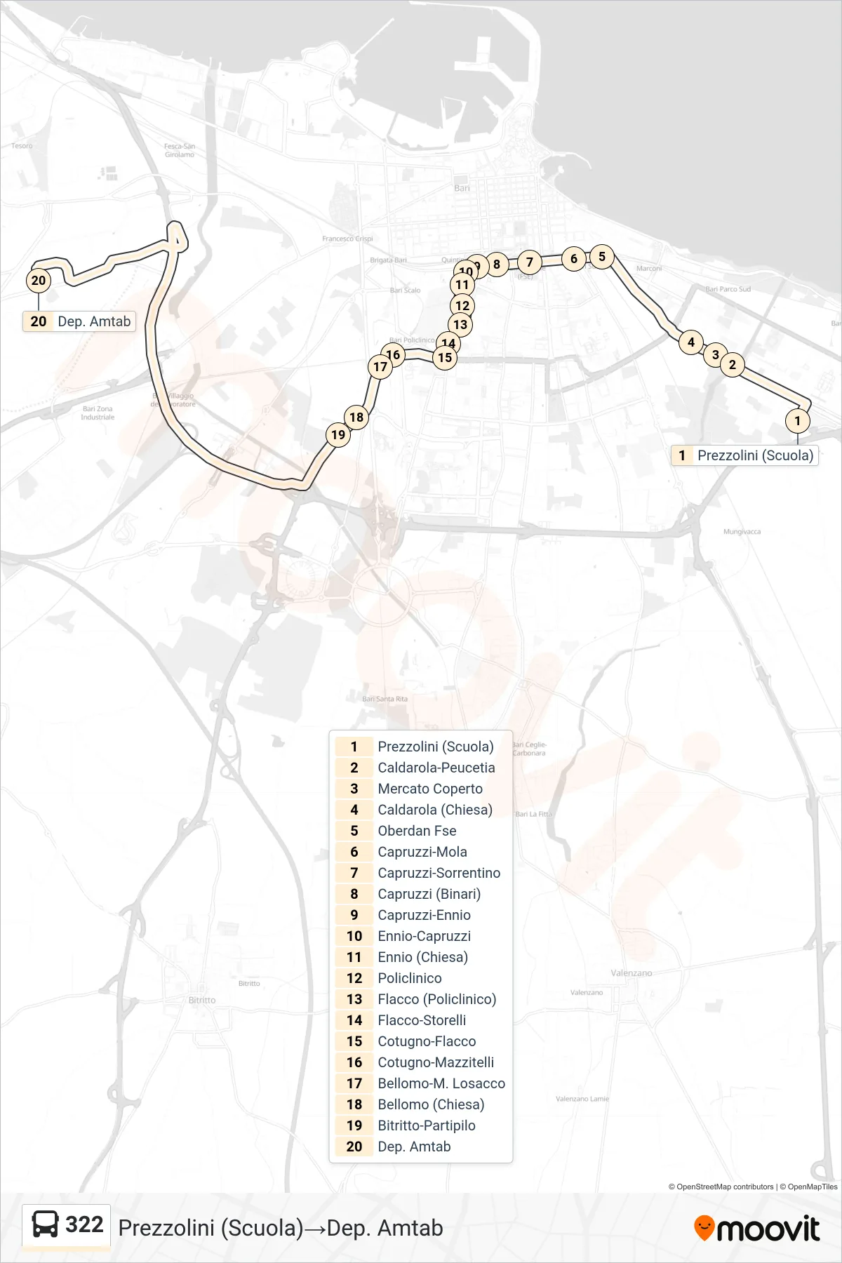 Linea 322 bus (Prezzolini (Scuola)→Dep. Amtab) - Percorsi e fermate sulla mappa