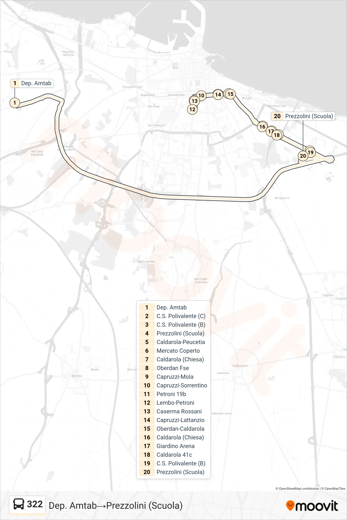 Linea 322 bus (Dep. Amtab→Prezzolini (Scuola)) - Percorsi e fermate sulla mappa