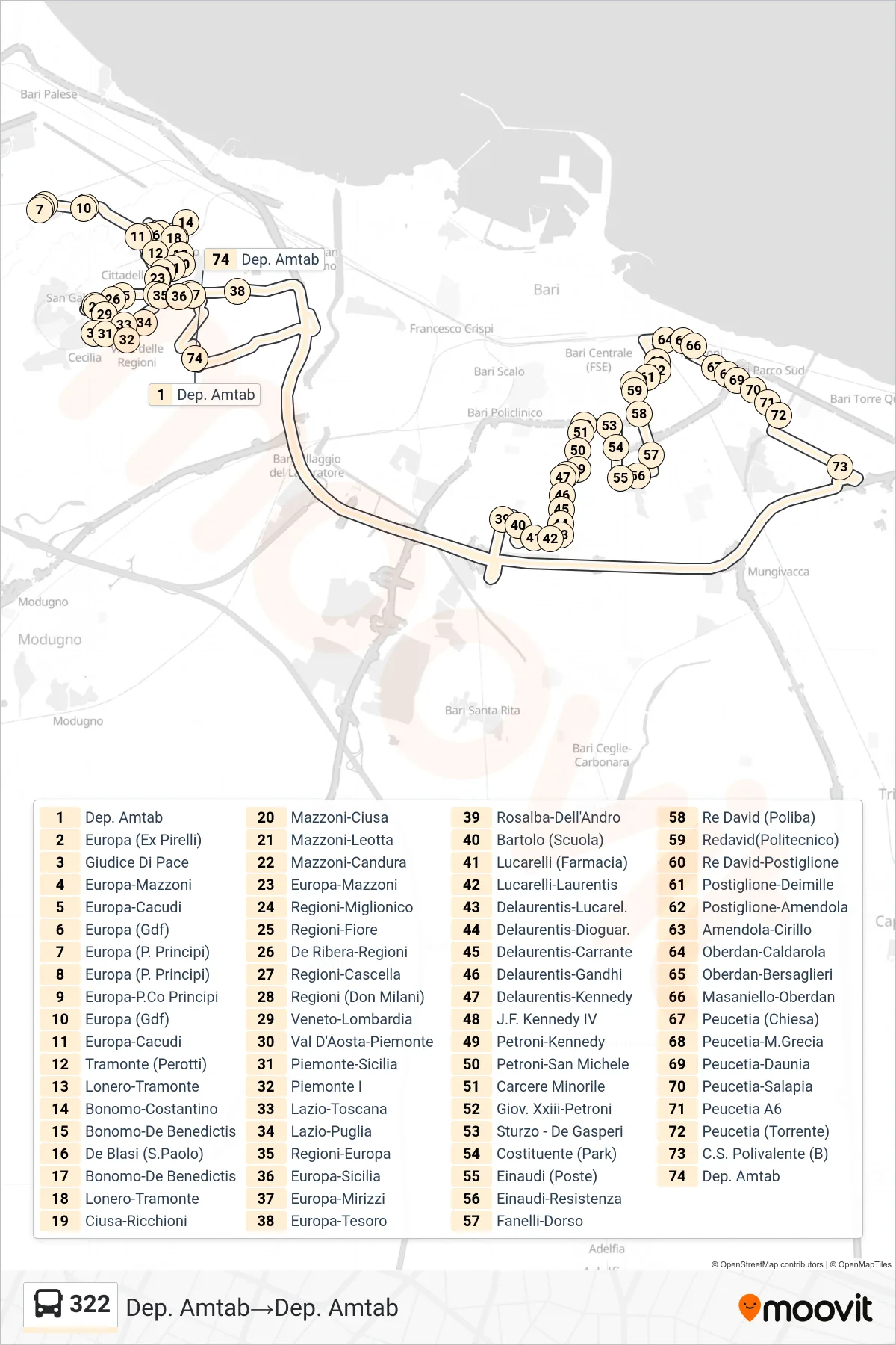 Linea 322  bus (Dep. Amtab‎→Dep. Amtab) - Percorsi e fermate sulla mappa