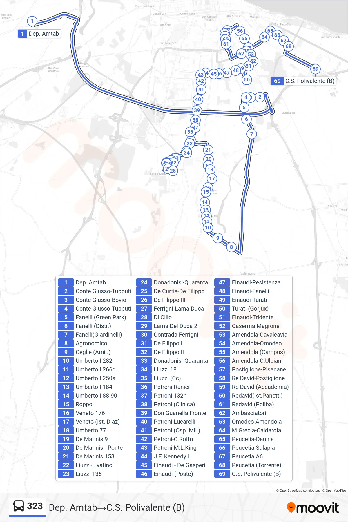 Linea 323 bus (Dep. Amtab→C.S. Polivalente (B)) - Percorsi e fermate sulla mappa