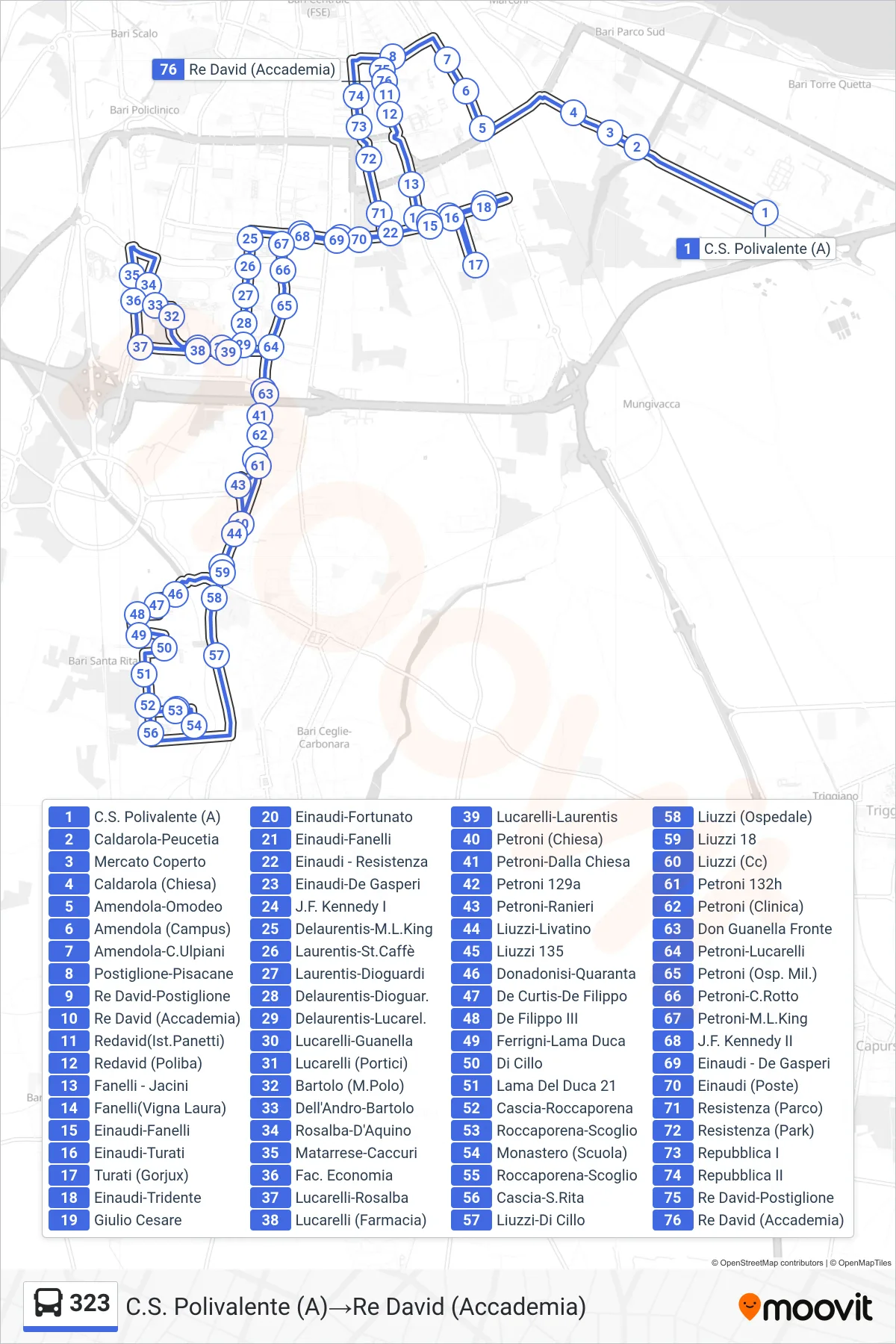 Linea 323  bus (C.S. Polivalente (A)‎→Re David (Accademia)) - Percorsi e fermate sulla mappa