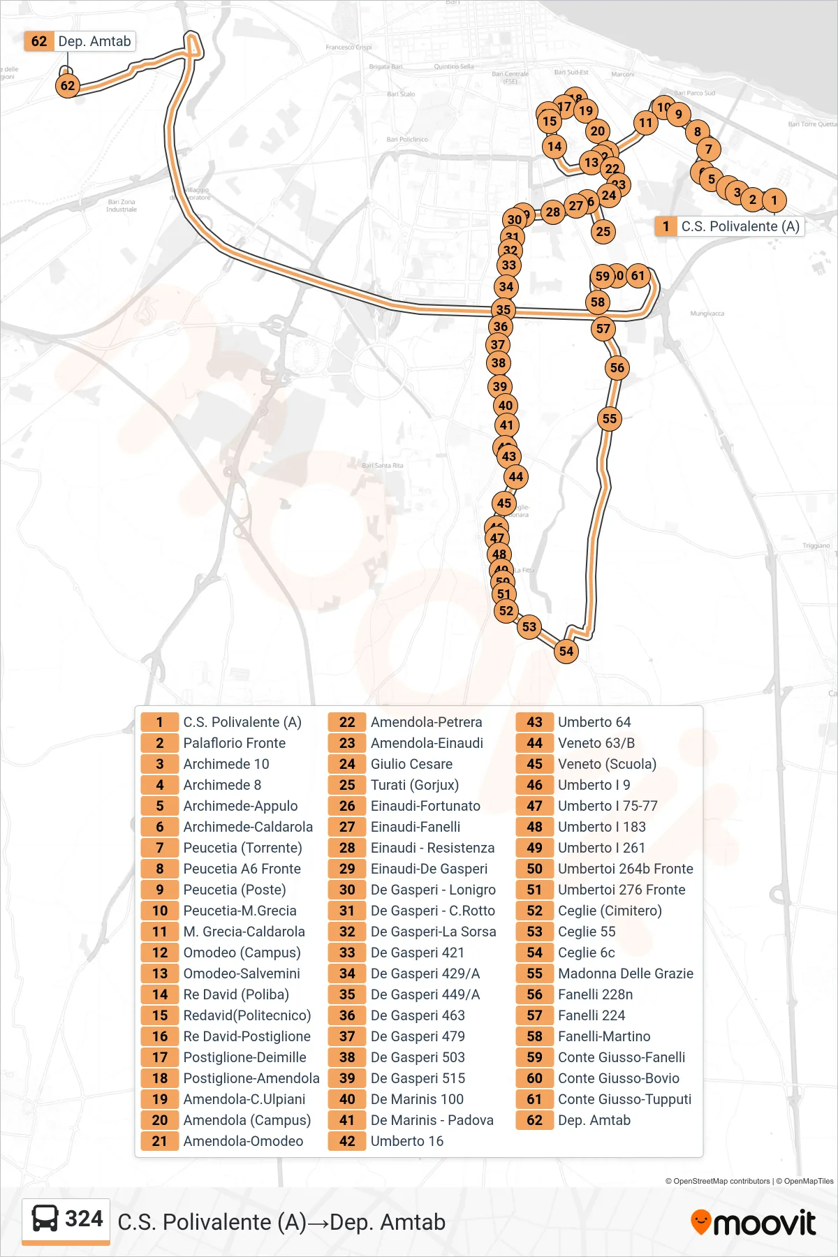 Linea 324  bus (C.S. Polivalente (A)‎→Dep. Amtab) - Percorsi e fermate sulla mappa